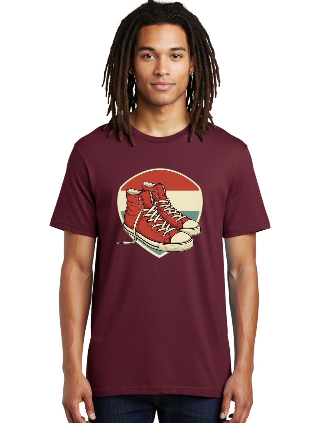 Red-Converse-Shoes Men'S Graphic Tee, 100% Cotton, Comfortable Casual Summer Wear, Machine Washable, Red High Top Sneakers, White Laces, Converse Shoes, Retro Sneakers, Vintage Footwear, Casual Wear, Comfortable Shoes, Red Canvas Sneakers, Bab325