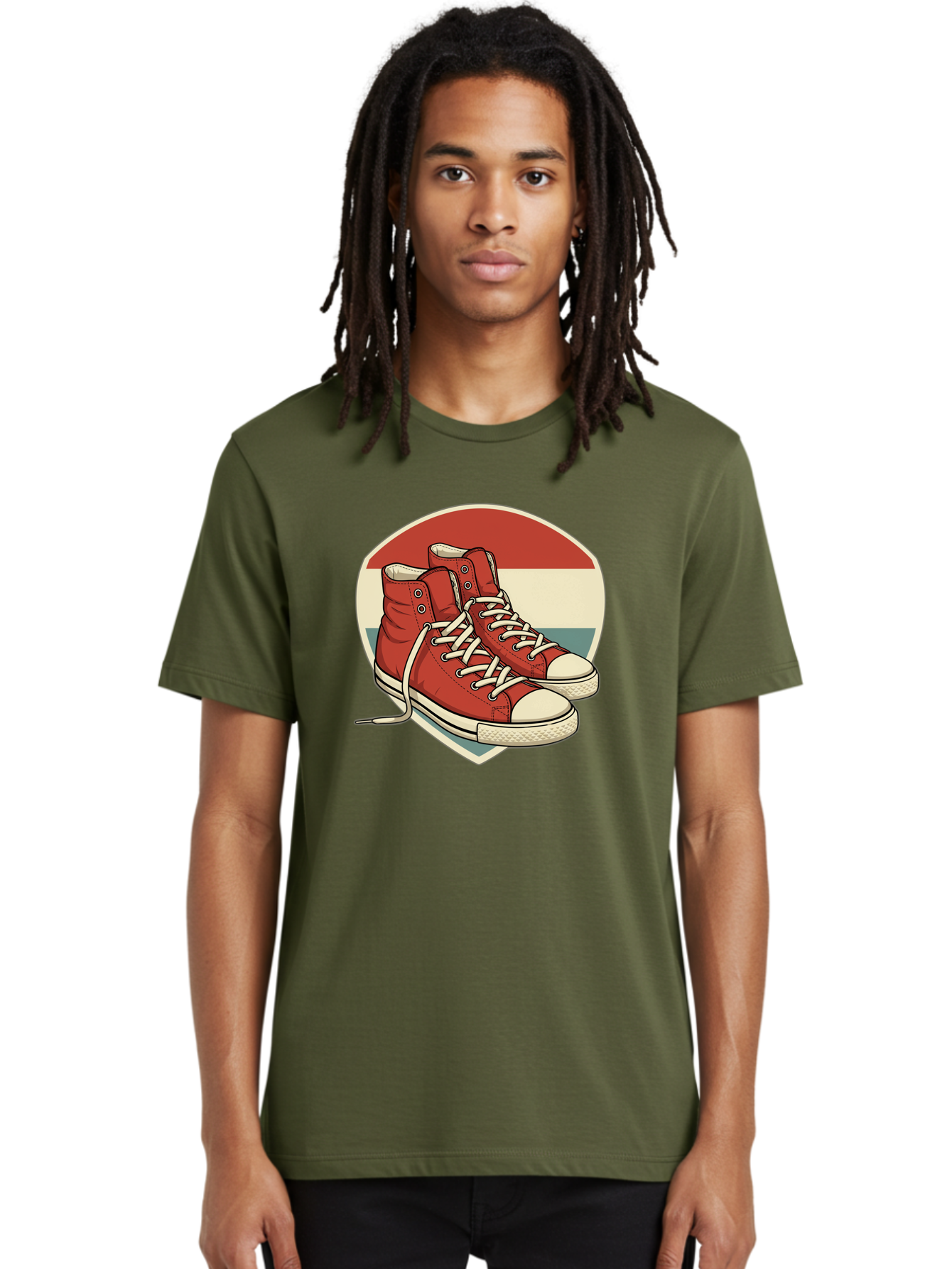 Red-Converse-Shoes Men'S Graphic Tee, 100% Cotton, Comfortable Casual Summer Wear, Machine Washable, Red High Top Sneakers, White Laces, Converse Shoes, Retro Sneakers, Vintage Footwear, Casual Wear, Comfortable Shoes, Red Canvas Sneakers, Bab325