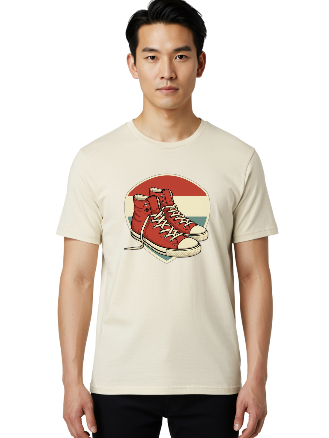 Red-Converse-Shoes Men'S Graphic Tee, 100% Cotton, Comfortable Casual Summer Wear, Machine Washable, Red High Top Sneakers, White Laces, Converse Shoes, Retro Sneakers, Vintage Footwear, Casual Wear, Comfortable Shoes, Red Canvas Sneakers, Bab325