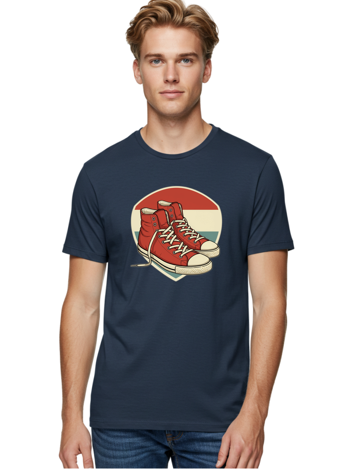 Red-Converse-Shoes Men'S Graphic Tee, 100% Cotton, Comfortable Casual Summer Wear, Machine Washable, Red High Top Sneakers, White Laces, Converse Shoes, Retro Sneakers, Vintage Footwear, Casual Wear, Comfortable Shoes, Red Canvas Sneakers, Bab325