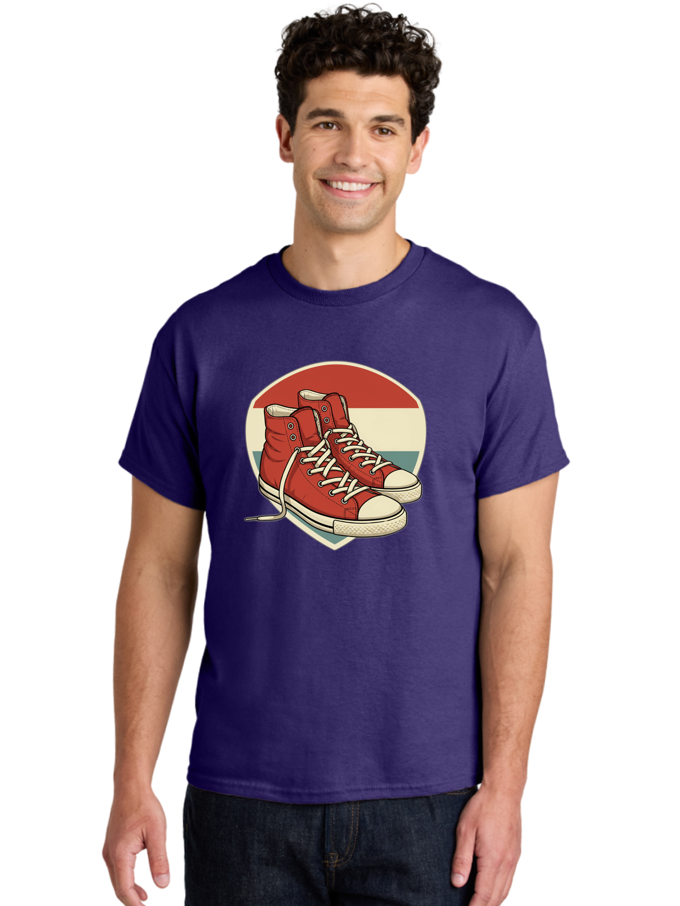 Red-Converse-Shoes Men'S Graphic Tee, 100% Cotton, Comfortable Casual Summer Wear, Machine Washable, Red High Top Sneakers, White Laces, Converse Shoes, Retro Sneakers, Vintage Footwear, Casual Wear, Comfortable Shoes, Red Canvas Sneakers, Bab325