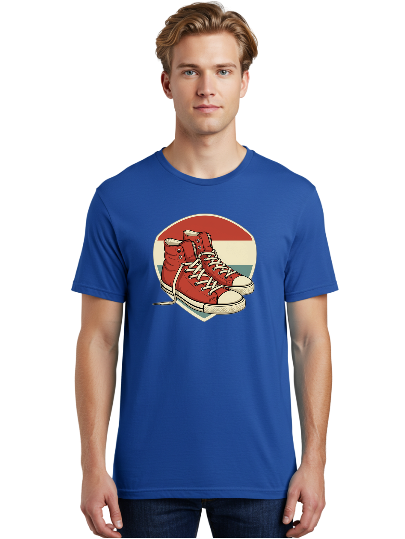 Red-Converse-Shoes Men'S Graphic Tee, 100% Cotton, Comfortable Casual Summer Wear, Machine Washable, Red High Top Sneakers, White Laces, Converse Shoes, Retro Sneakers, Vintage Footwear, Casual Wear, Comfortable Shoes, Red Canvas Sneakers, Bab325