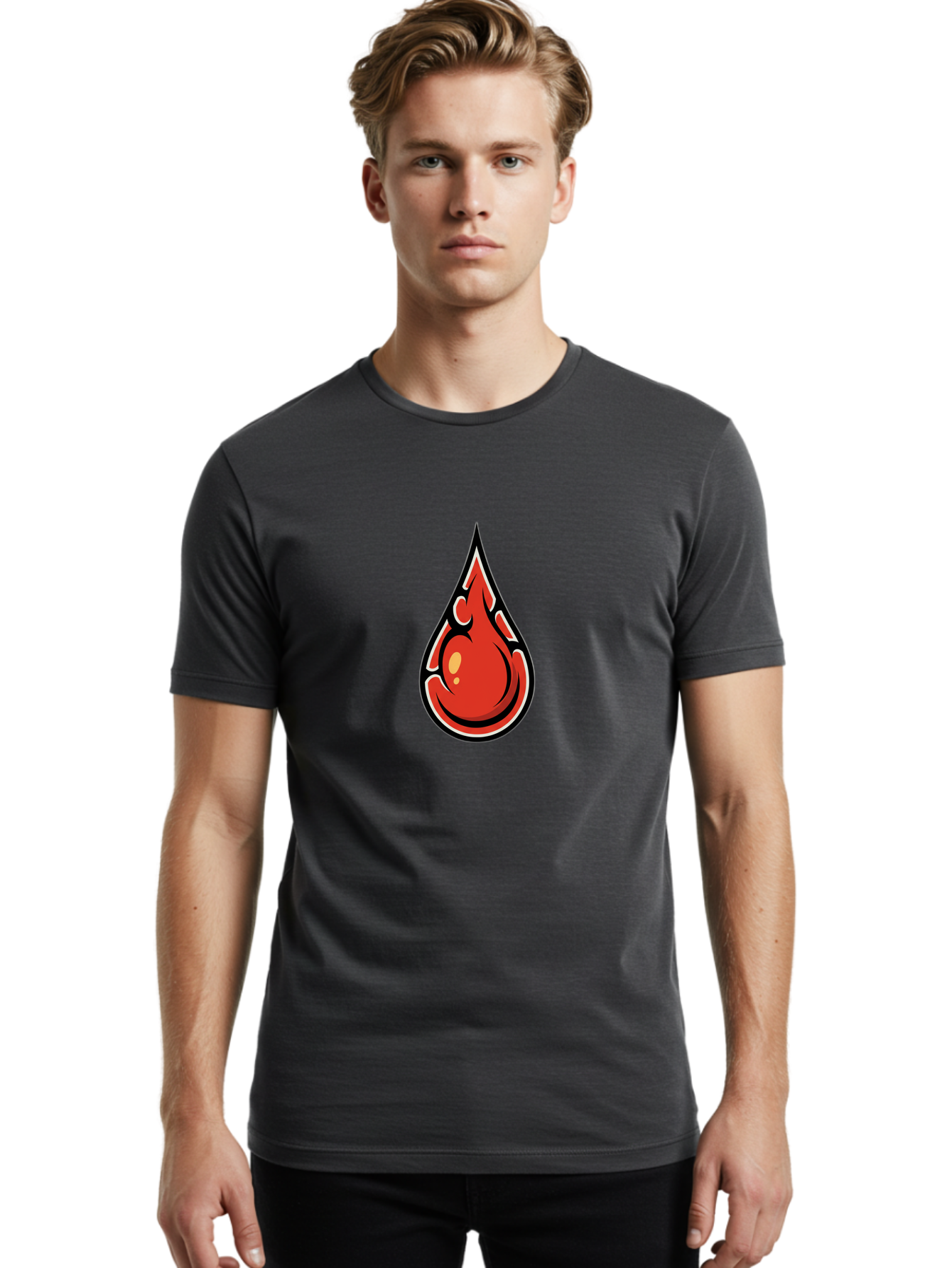 Red-Drop Men'S Graphic Tee, 100% Cotton, Comfortable Casual Summer Wear, Machine Washable, Flame Design, Teardrop Shape, Bold Graphics, Abstract Art, Vibrant Red, Dynamic Illustration, Stylized Flame, Modern Graphic Design, Fiery Element, Bab326