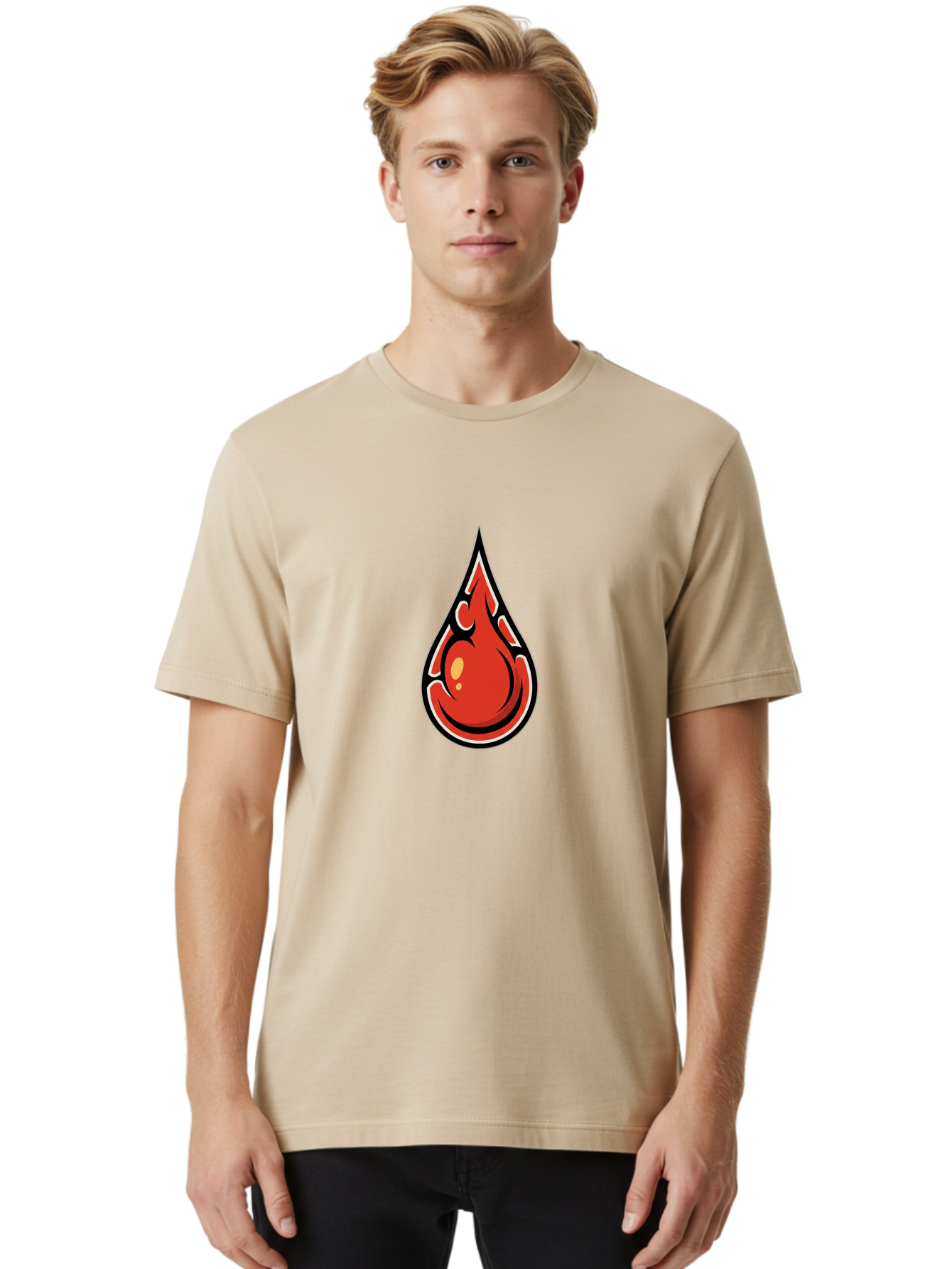 Red-Drop Men'S Graphic Tee, 100% Cotton, Comfortable Casual Summer Wear, Machine Washable, Flame Design, Teardrop Shape, Bold Graphics, Abstract Art, Vibrant Red, Dynamic Illustration, Stylized Flame, Modern Graphic Design, Fiery Element, Bab326