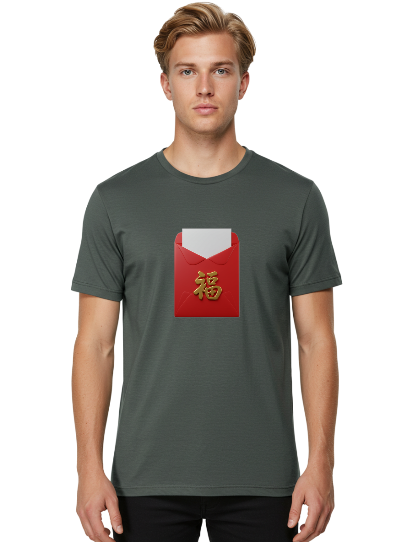 Red-Envelope-With-Fu-Character Men'S Graphic Tee, 100% Cotton, Comfortable Casual Summer Wear, Machine Washable, Red Envelope With Gold Chinese Character, Chinese New Year Gift, Lucky Money, Prosperity Symbol, Cultural Tradition, Bab327