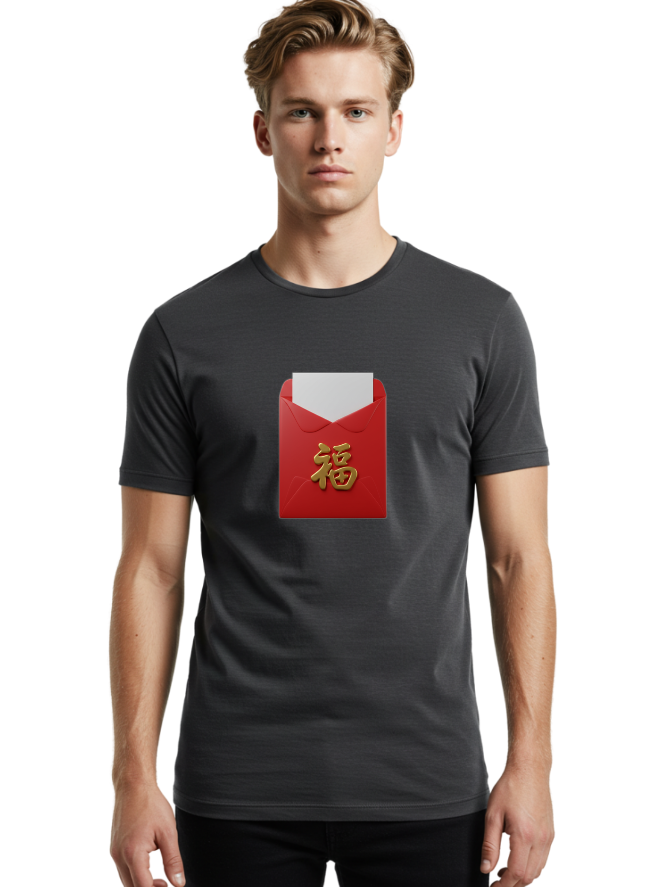 Red-Envelope-With-Fu-Character Men'S Graphic Tee, 100% Cotton, Comfortable Casual Summer Wear, Machine Washable, Red Envelope With Gold Chinese Character, Chinese New Year Gift, Lucky Money, Prosperity Symbol, Cultural Tradition, Bab327