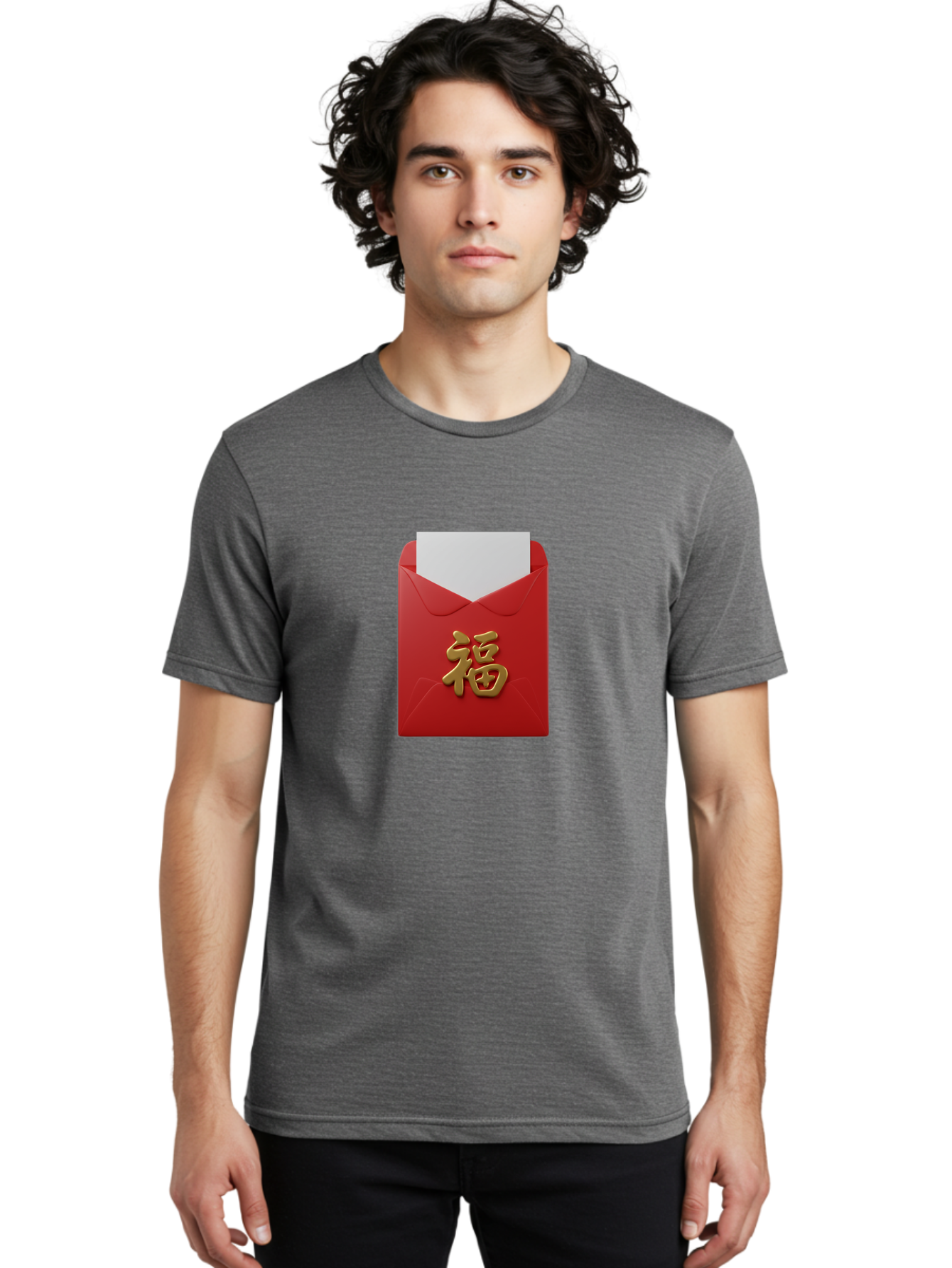 Red-Envelope-With-Fu-Character Men'S Graphic Tee, 100% Cotton, Comfortable Casual Summer Wear, Machine Washable, Red Envelope With Gold Chinese Character, Chinese New Year Gift, Lucky Money, Prosperity Symbol, Cultural Tradition, Bab327