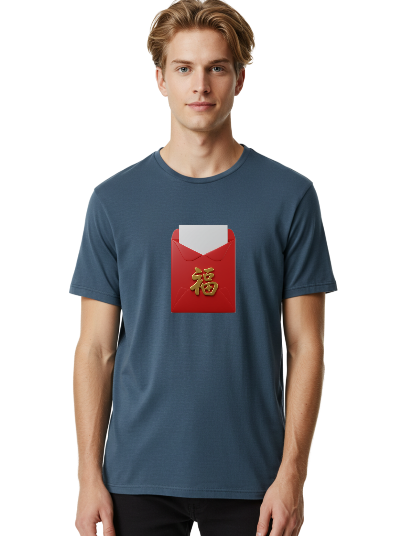 Red-Envelope-With-Fu-Character Men'S Graphic Tee, 100% Cotton, Comfortable Casual Summer Wear, Machine Washable, Red Envelope With Gold Chinese Character, Chinese New Year Gift, Lucky Money, Prosperity Symbol, Cultural Tradition, Bab327