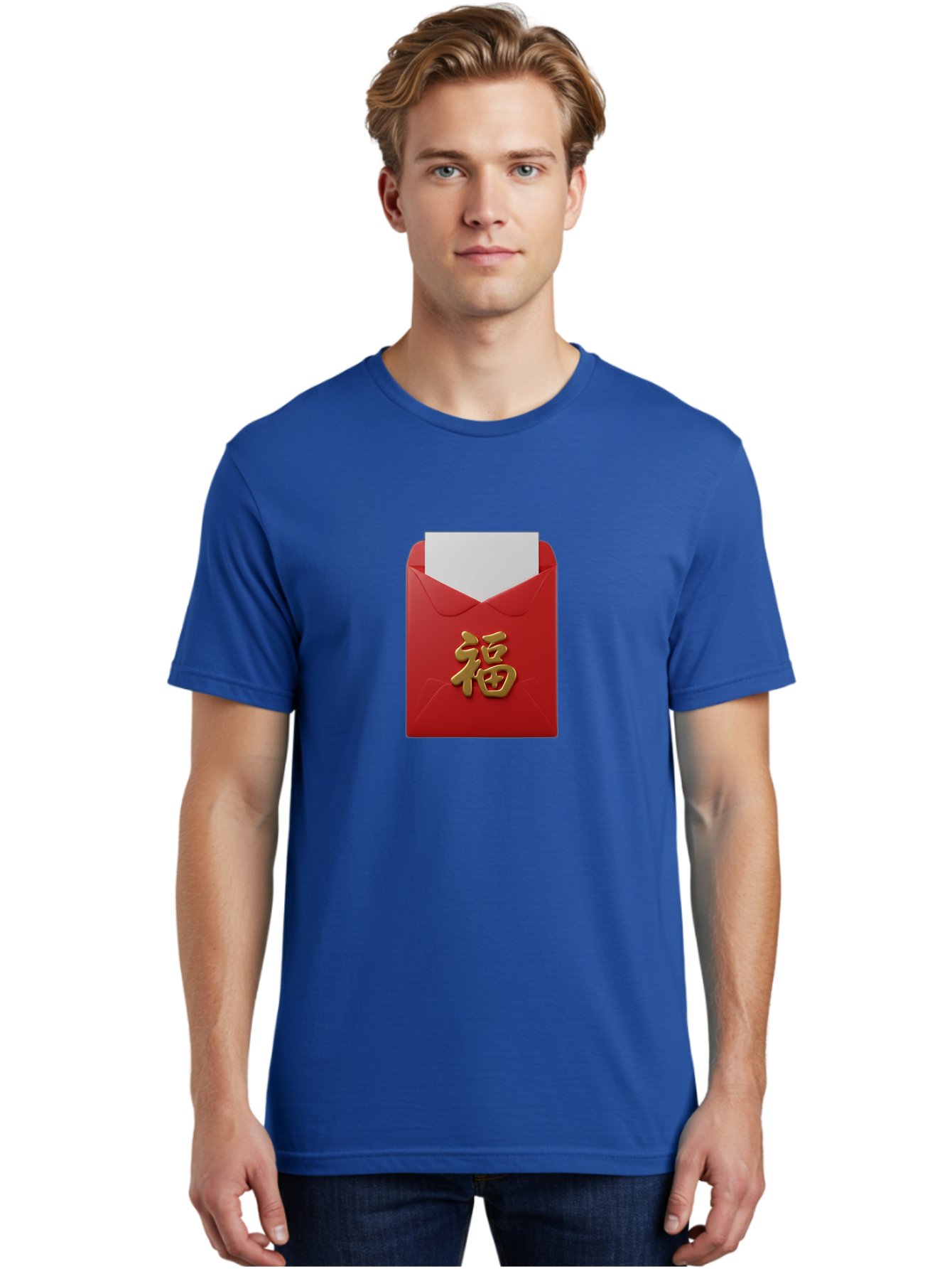 Red-Envelope-With-Fu-Character Men'S Graphic Tee, 100% Cotton, Comfortable Casual Summer Wear, Machine Washable, Red Envelope With Gold Chinese Character, Chinese New Year Gift, Lucky Money, Prosperity Symbol, Cultural Tradition, Bab327