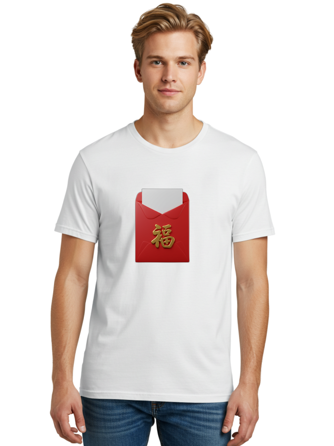 Red-Envelope-With-Fu-Character Men'S Graphic Tee, 100% Cotton, Comfortable Casual Summer Wear, Machine Washable, Red Envelope With Gold Chinese Character, Chinese New Year Gift, Lucky Money, Prosperity Symbol, Cultural Tradition, Bab327