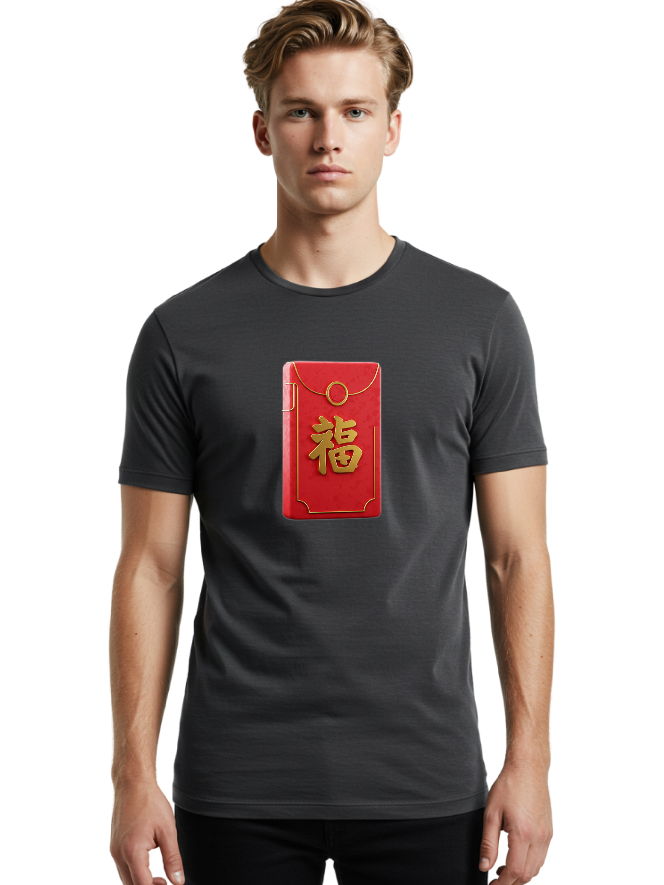 Red-Envelope-With-Fu-Symbol Men'S Graphic Tee, 100% Cotton, Comfortable Casual Summer Wear, Machine Washable, Red Envelope, Gold Trim, Chinese Character, Fu Symbol, Good Luck, Prosperity, Chinese New Year, Red Packet, Gold Accents, Bab328