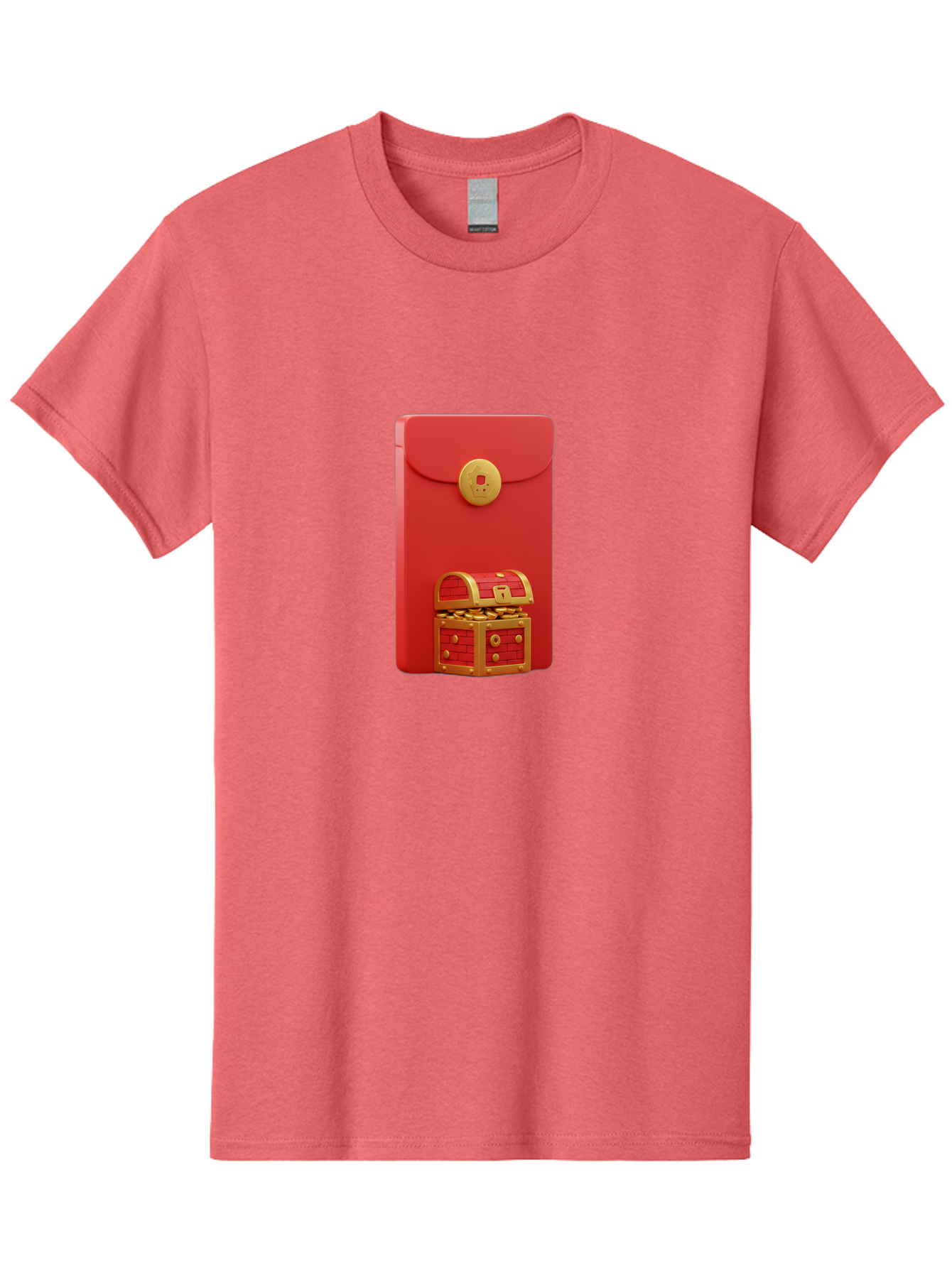 Red-Envelope Men'S Graphic Tee, 100% Cotton, Comfortable Casual Summer Wear, Machine Washable, Red Envelope With Golden Clasp, Treasure Chest Filled With Gold Coins, Prosperity Symbol, Good Fortune, Wealth, Luck, Festive Decoration, Bab329