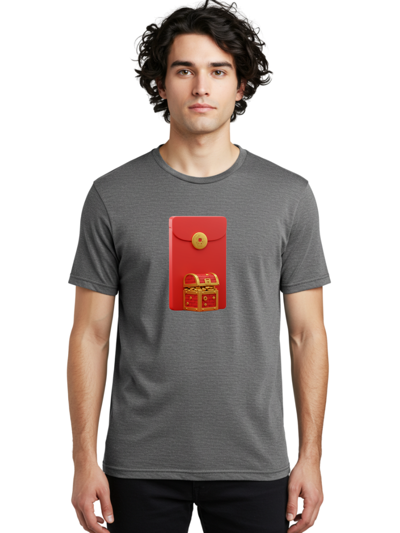 Red-Envelope Men'S Graphic Tee, 100% Cotton, Comfortable Casual Summer Wear, Machine Washable, Red Envelope With Golden Clasp, Treasure Chest Filled With Gold Coins, Prosperity Symbol, Good Fortune, Wealth, Luck, Festive Decoration, Bab329