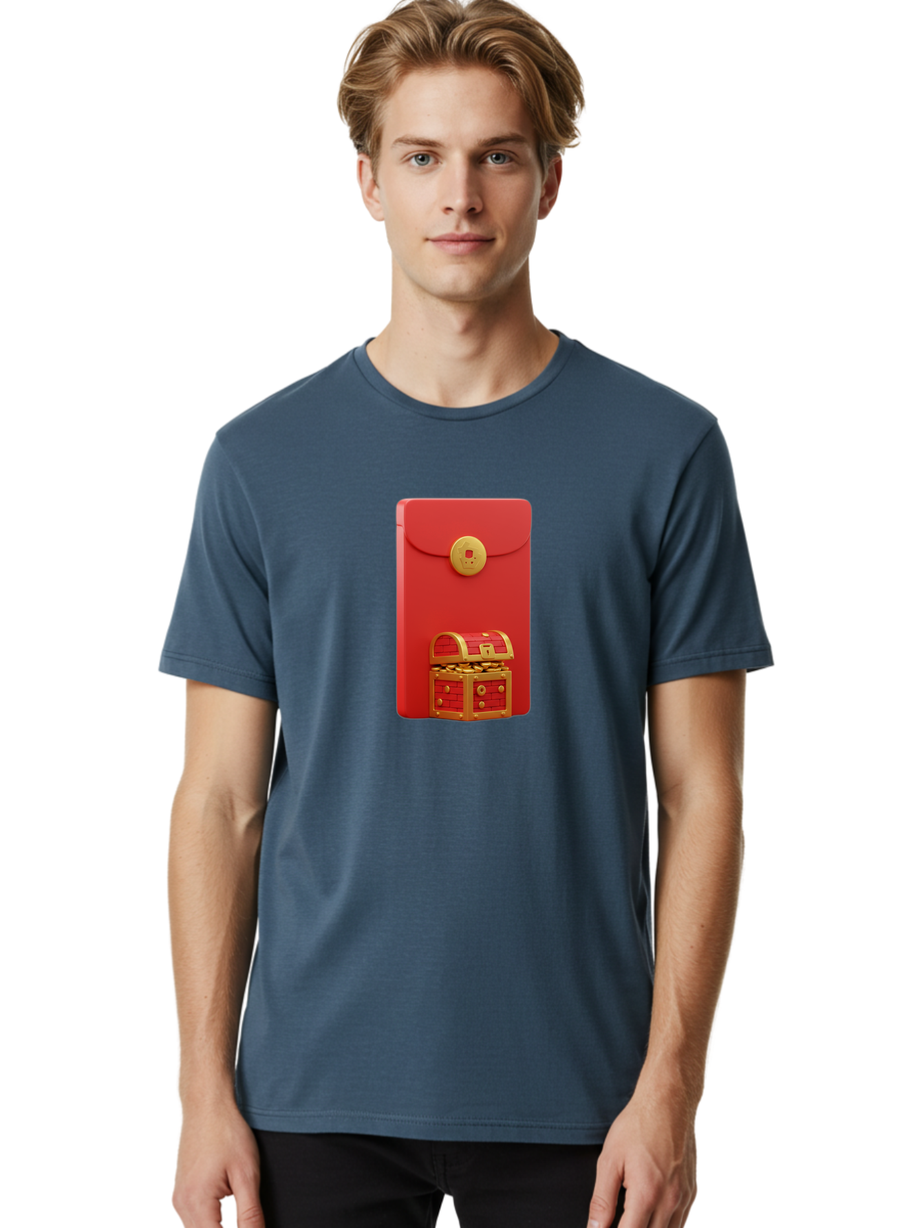 Red-Envelope Men'S Graphic Tee, 100% Cotton, Comfortable Casual Summer Wear, Machine Washable, Red Envelope With Golden Clasp, Treasure Chest Filled With Gold Coins, Prosperity Symbol, Good Fortune, Wealth, Luck, Festive Decoration, Bab329