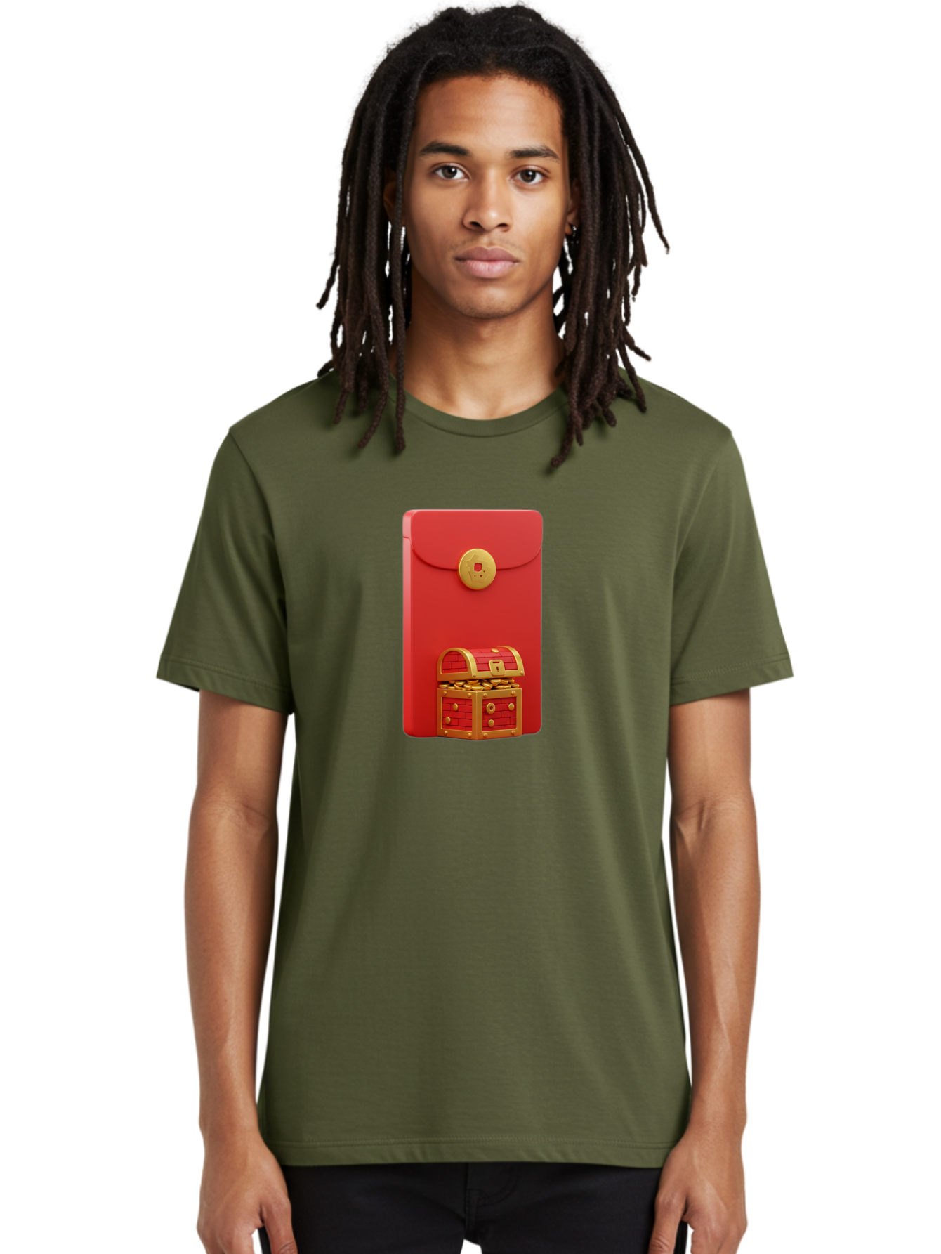 Red-Envelope Men'S Graphic Tee, 100% Cotton, Comfortable Casual Summer Wear, Machine Washable, Red Envelope With Golden Clasp, Treasure Chest Filled With Gold Coins, Prosperity Symbol, Good Fortune, Wealth, Luck, Festive Decoration, Bab329