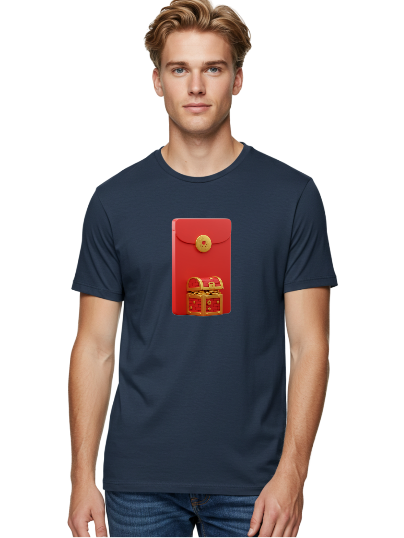 Red-Envelope Men'S Graphic Tee, 100% Cotton, Comfortable Casual Summer Wear, Machine Washable, Red Envelope With Golden Clasp, Treasure Chest Filled With Gold Coins, Prosperity Symbol, Good Fortune, Wealth, Luck, Festive Decoration, Bab329