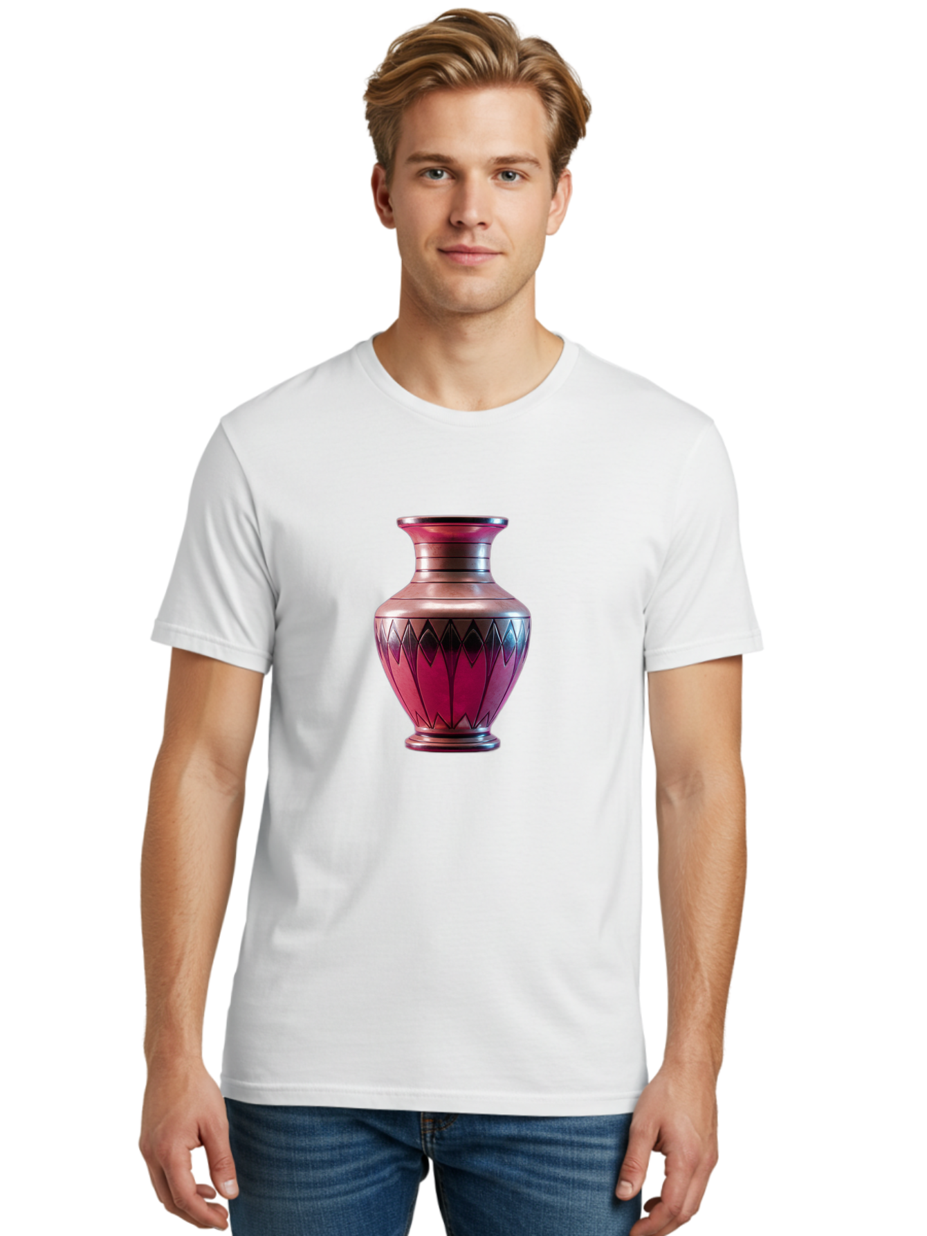 Red-Vase Men'S Graphic Tee, 100% Cotton, Comfortable Casual Summer Wear, Machine Washable, Copper Vase, Metallic Sheen, Geometric Pattern, Luxurious Decor, Home Decor, Elegant Design, Modern Style, Decorative Vase Bab331