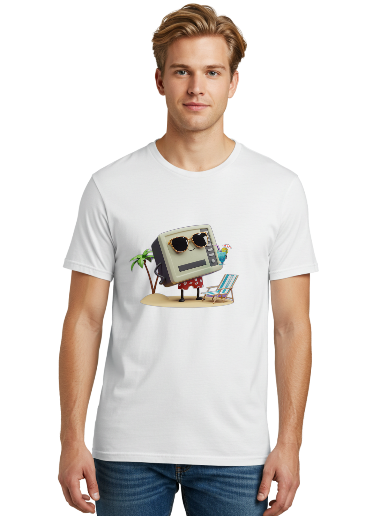 Retro-Crt-Tv Men'S Graphic Tee, 100% Cotton, Comfortable Casual Summer Wear, Machine Washable, Cash Register On Beach, Tropical Getaway, Sunglasses, Floral Skirt, Lounge Chair, Coconut Drink, Palm Trees, Summer Vibes, Fun In The Sun Bab332