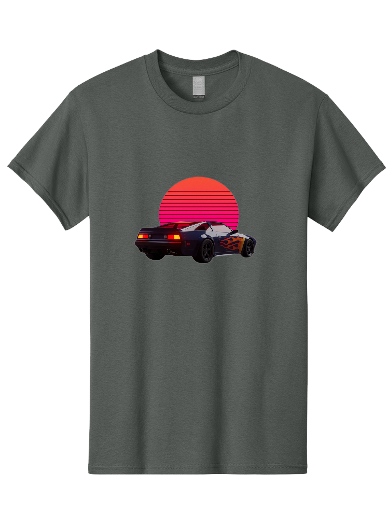Retro-Sports-Car-1 Men'S Graphic Tee, 100% Cotton, Comfortable Casual Summer Wear, Machine Washable, Retro Sports Car, Flame Design, Vintage Vehicle, 80S Car Culture, Neon Lights, Synth Wave, Red Sun, Vintage Graphics, Retro Futuristic Bab334