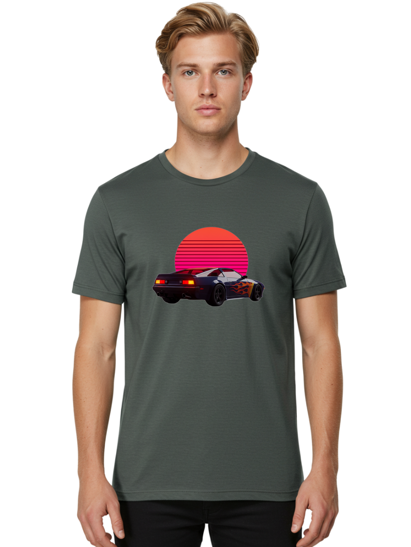 Retro-Sports-Car-1 Men'S Graphic Tee, 100% Cotton, Comfortable Casual Summer Wear, Machine Washable, Retro Sports Car, Flame Design, Vintage Vehicle, 80S Car Culture, Neon Lights, Synth Wave, Red Sun, Vintage Graphics, Retro Futuristic Bab334