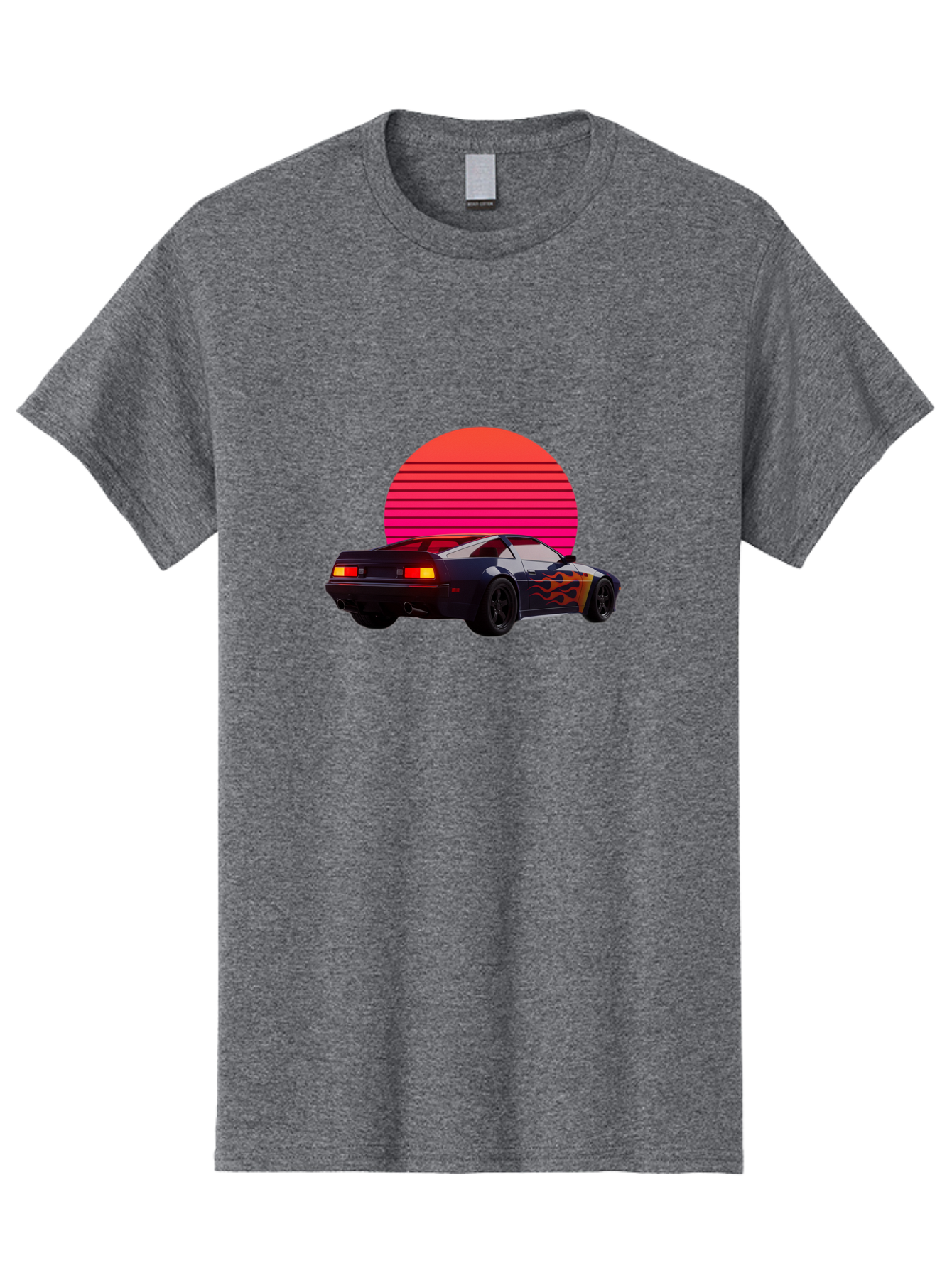 Retro-Sports-Car-1 Men'S Graphic Tee, 100% Cotton, Comfortable Casual Summer Wear, Machine Washable, Retro Sports Car, Flame Design, Vintage Vehicle, 80S Car Culture, Neon Lights, Synth Wave, Red Sun, Vintage Graphics, Retro Futuristic Bab334