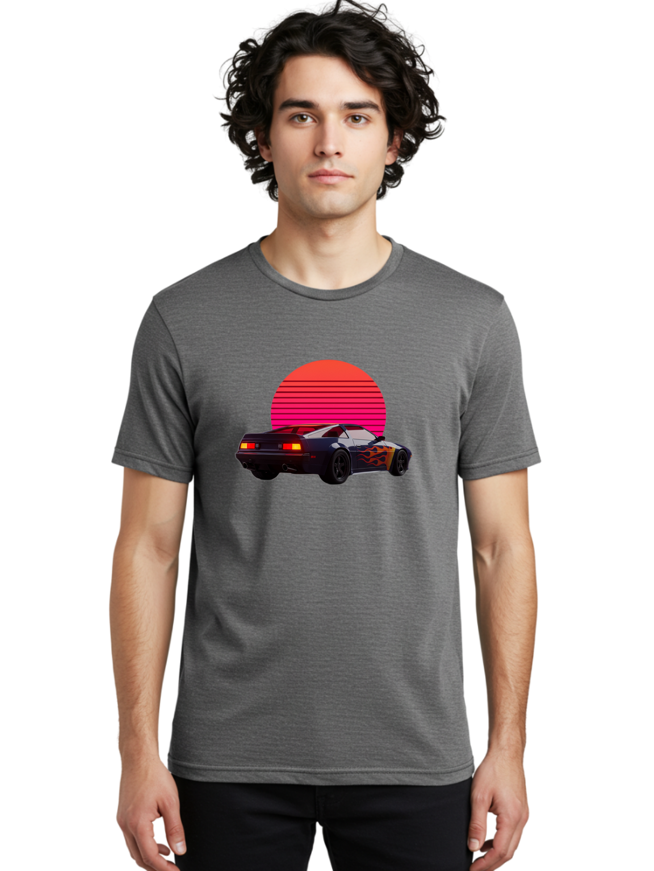 Retro-Sports-Car-1 Men'S Graphic Tee, 100% Cotton, Comfortable Casual Summer Wear, Machine Washable, Retro Sports Car, Flame Design, Vintage Vehicle, 80S Car Culture, Neon Lights, Synth Wave, Red Sun, Vintage Graphics, Retro Futuristic Bab334