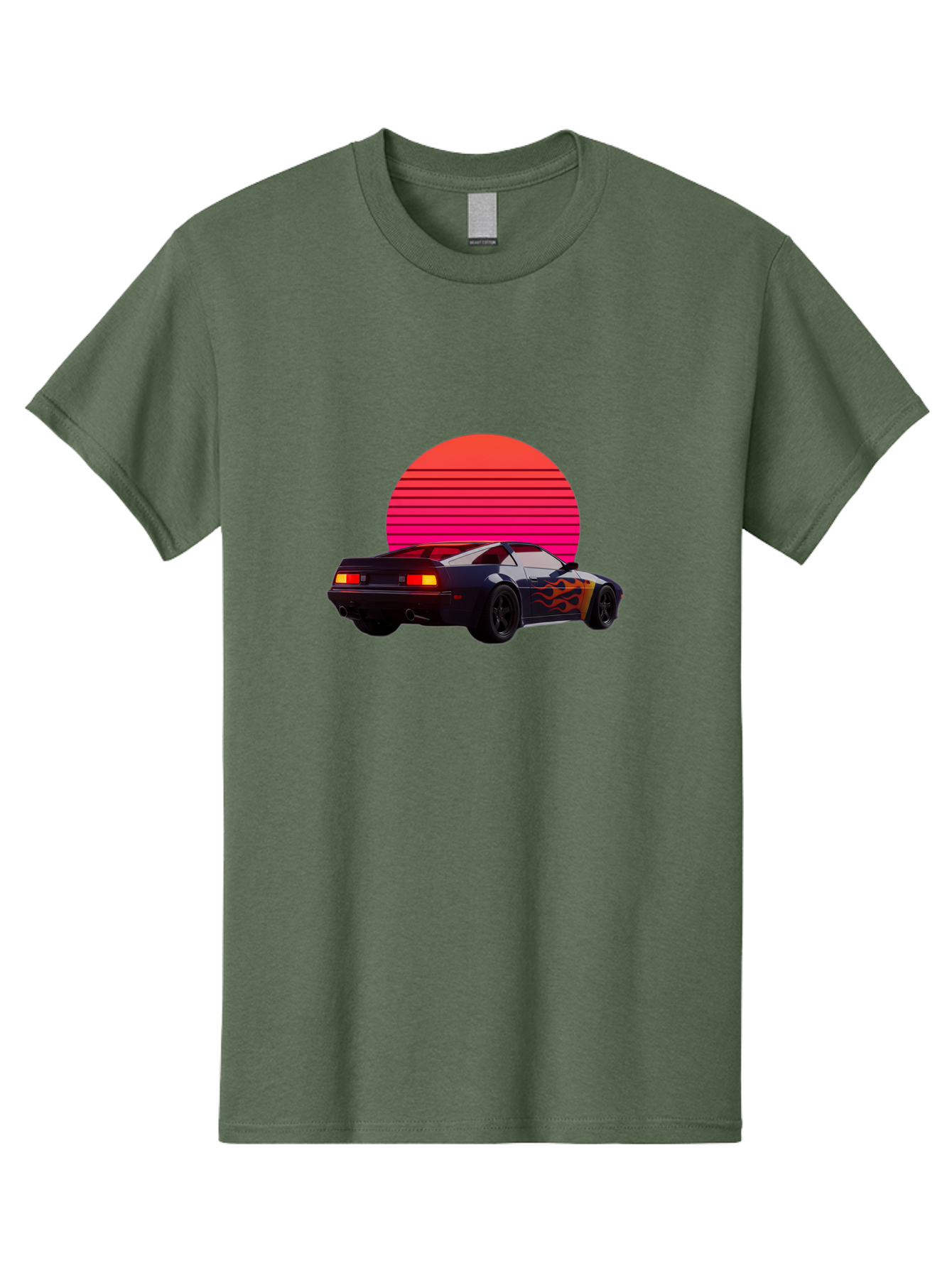 Retro-Sports-Car-1 Men'S Graphic Tee, 100% Cotton, Comfortable Casual Summer Wear, Machine Washable, Retro Sports Car, Flame Design, Vintage Vehicle, 80S Car Culture, Neon Lights, Synth Wave, Red Sun, Vintage Graphics, Retro Futuristic Bab334