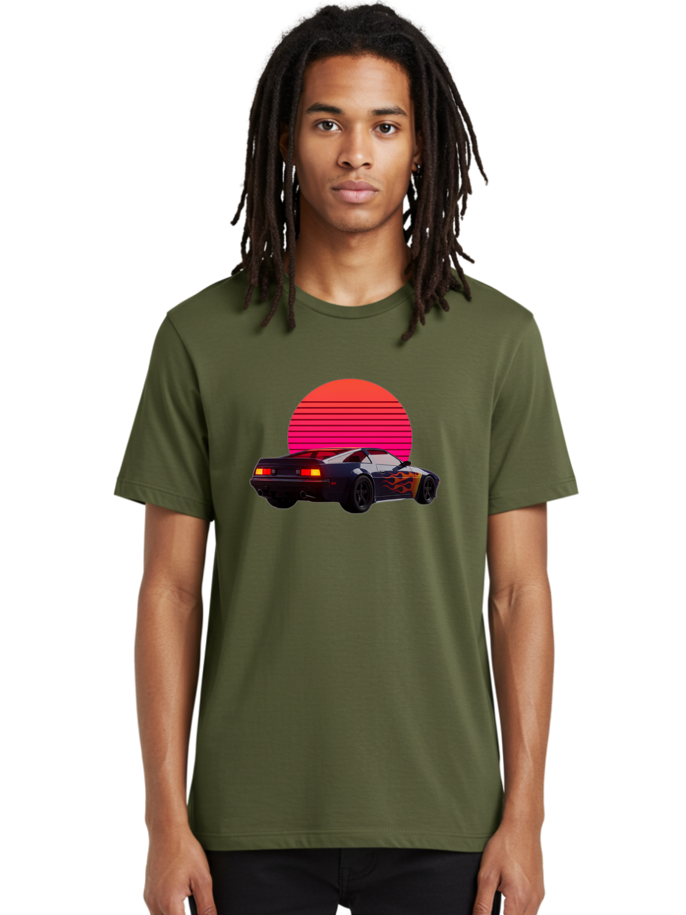 Retro-Sports-Car-1 Men'S Graphic Tee, 100% Cotton, Comfortable Casual Summer Wear, Machine Washable, Retro Sports Car, Flame Design, Vintage Vehicle, 80S Car Culture, Neon Lights, Synth Wave, Red Sun, Vintage Graphics, Retro Futuristic Bab334