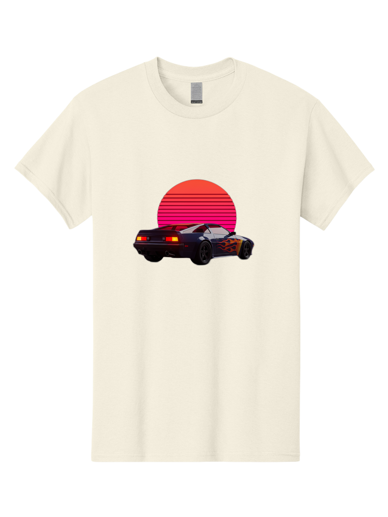Retro-Sports-Car-1 Men'S Graphic Tee, 100% Cotton, Comfortable Casual Summer Wear, Machine Washable, Retro Sports Car, Flame Design, Vintage Vehicle, 80S Car Culture, Neon Lights, Synth Wave, Red Sun, Vintage Graphics, Retro Futuristic Bab334