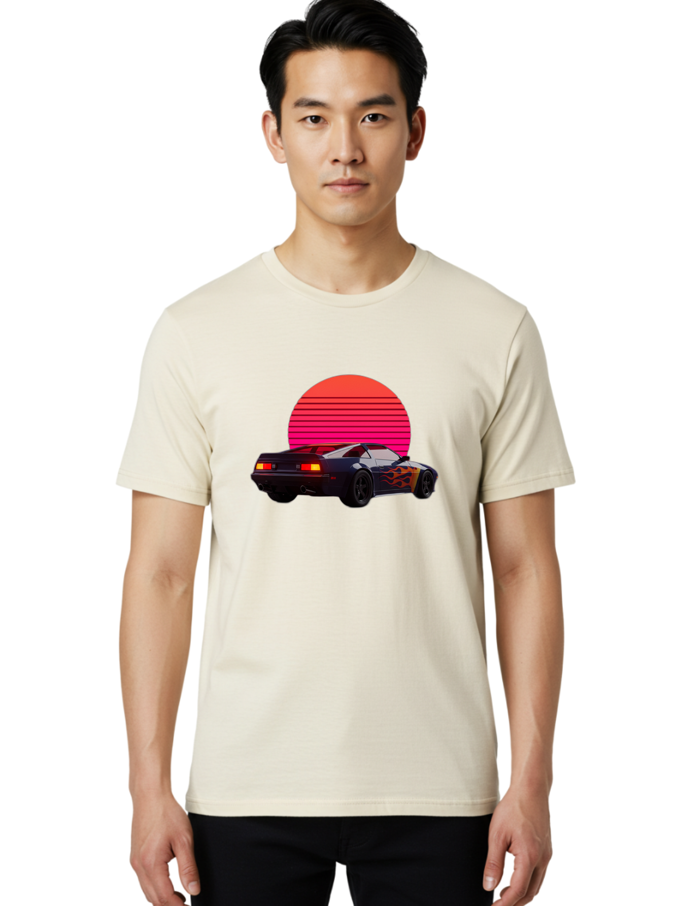 Retro-Sports-Car-1 Men'S Graphic Tee, 100% Cotton, Comfortable Casual Summer Wear, Machine Washable, Retro Sports Car, Flame Design, Vintage Vehicle, 80S Car Culture, Neon Lights, Synth Wave, Red Sun, Vintage Graphics, Retro Futuristic Bab334