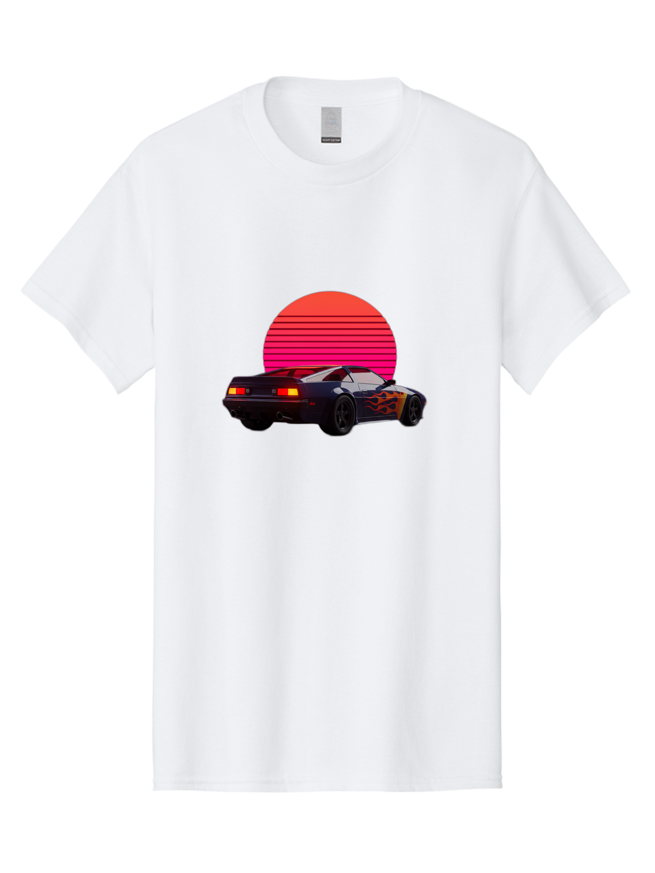 Retro-Sports-Car-1 Men'S Graphic Tee, 100% Cotton, Comfortable Casual Summer Wear, Machine Washable, Retro Sports Car, Flame Design, Vintage Vehicle, 80S Car Culture, Neon Lights, Synth Wave, Red Sun, Vintage Graphics, Retro Futuristic Bab334