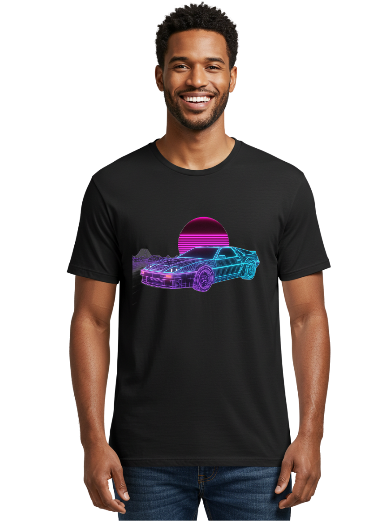 Retro-Sports-Car Men'S Graphic Tee, 100% Cotton, Comfortable Casual Summer Wear, Machine Washable, Retro Futuristic Car, Neon Lights, Synthwave Style, Vaporwave Aesthetic, 80S Sports Car, Datsun 280Z, Grid Pattern, Futuristic Landscape, Bab335