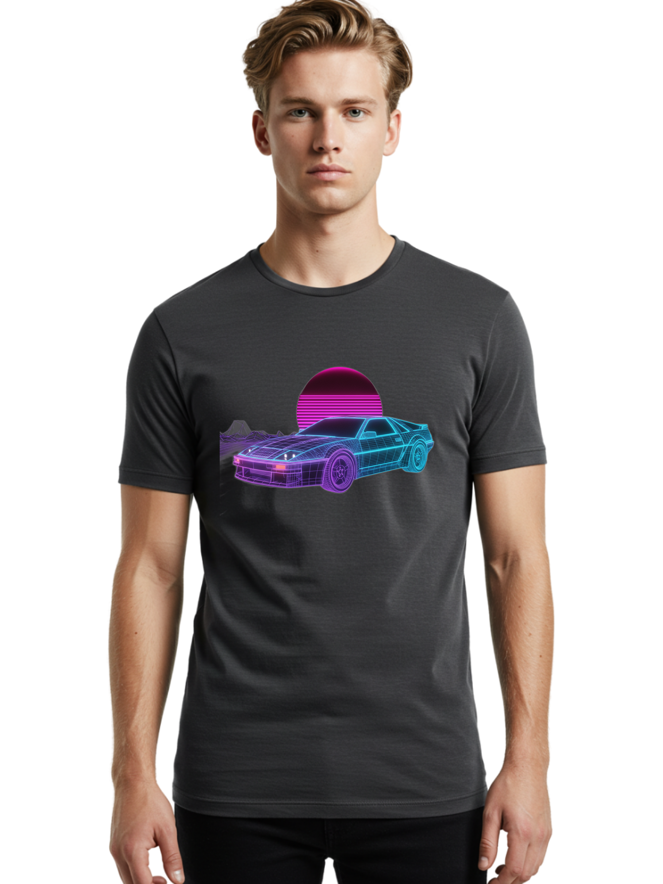 Retro-Sports-Car Men'S Graphic Tee, 100% Cotton, Comfortable Casual Summer Wear, Machine Washable, Retro Futuristic Car, Neon Lights, Synthwave Style, Vaporwave Aesthetic, 80S Sports Car, Datsun 280Z, Grid Pattern, Futuristic Landscape, Bab335