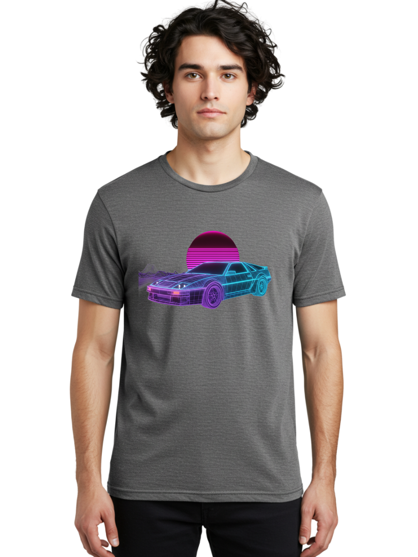 Retro-Sports-Car Men'S Graphic Tee, 100% Cotton, Comfortable Casual Summer Wear, Machine Washable, Retro Futuristic Car, Neon Lights, Synthwave Style, Vaporwave Aesthetic, 80S Sports Car, Datsun 280Z, Grid Pattern, Futuristic Landscape, Bab335