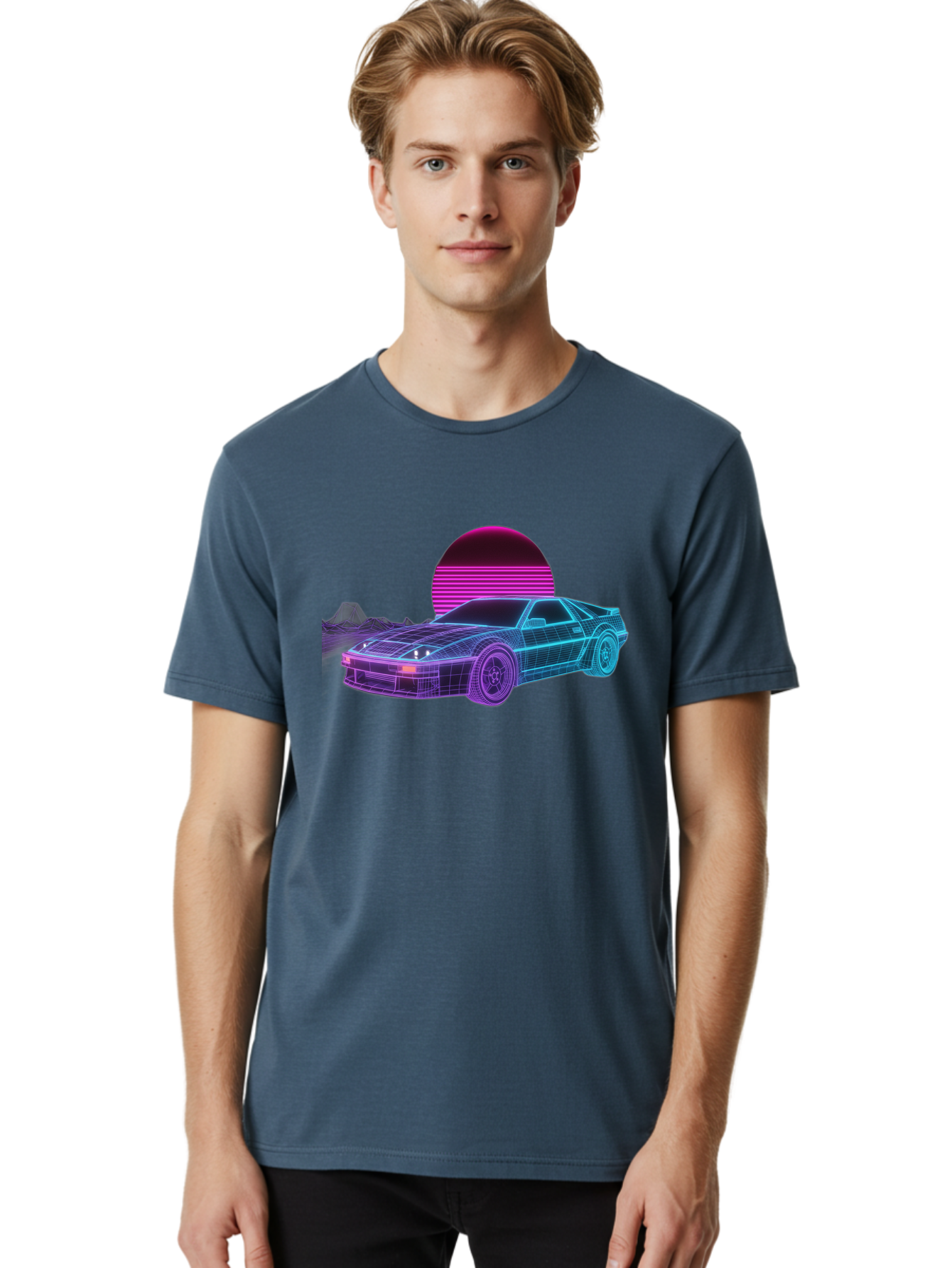 Retro-Sports-Car Men'S Graphic Tee, 100% Cotton, Comfortable Casual Summer Wear, Machine Washable, Retro Futuristic Car, Neon Lights, Synthwave Style, Vaporwave Aesthetic, 80S Sports Car, Datsun 280Z, Grid Pattern, Futuristic Landscape, Bab335