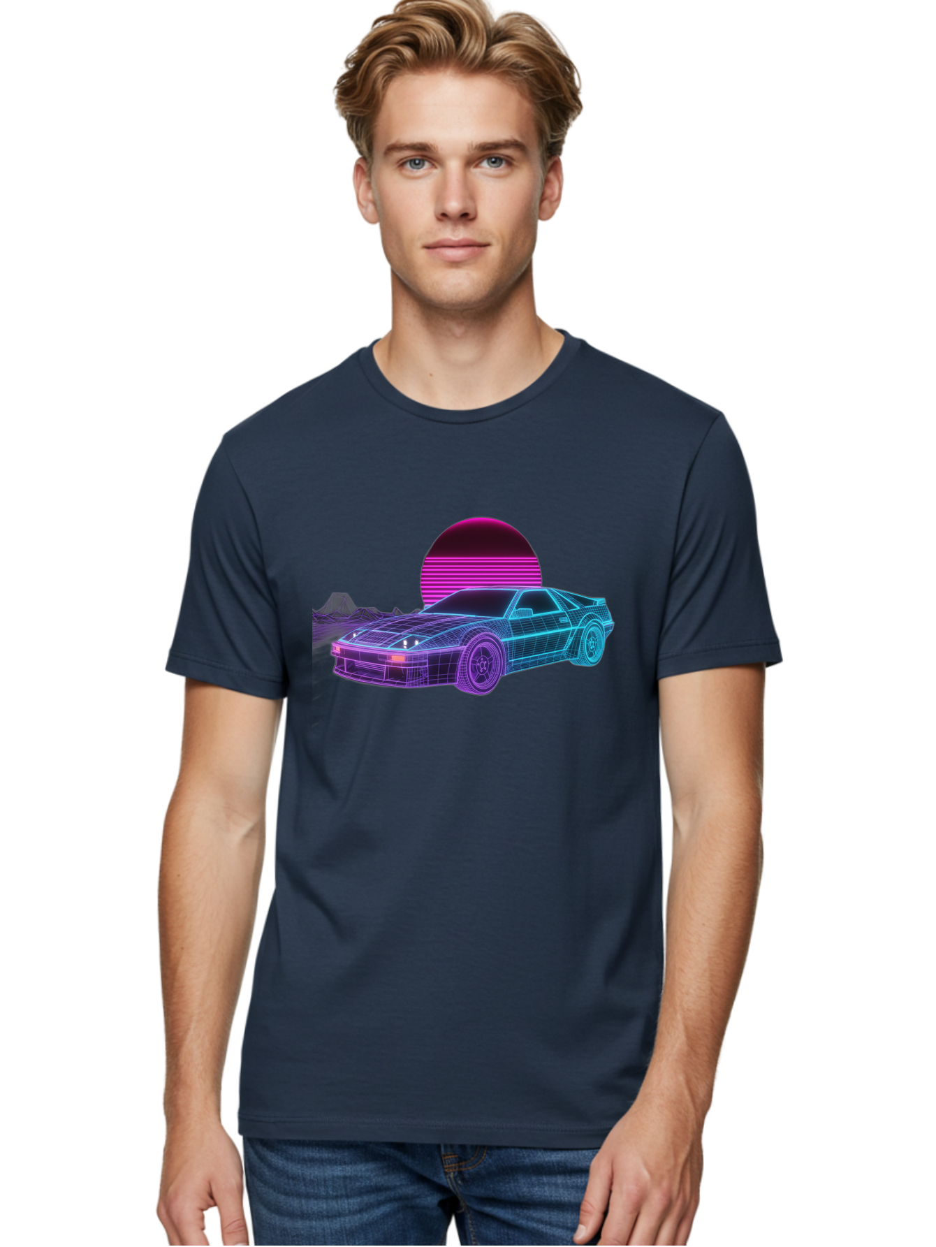 Retro-Sports-Car Men'S Graphic Tee, 100% Cotton, Comfortable Casual Summer Wear, Machine Washable, Retro Futuristic Car, Neon Lights, Synthwave Style, Vaporwave Aesthetic, 80S Sports Car, Datsun 280Z, Grid Pattern, Futuristic Landscape, Bab335