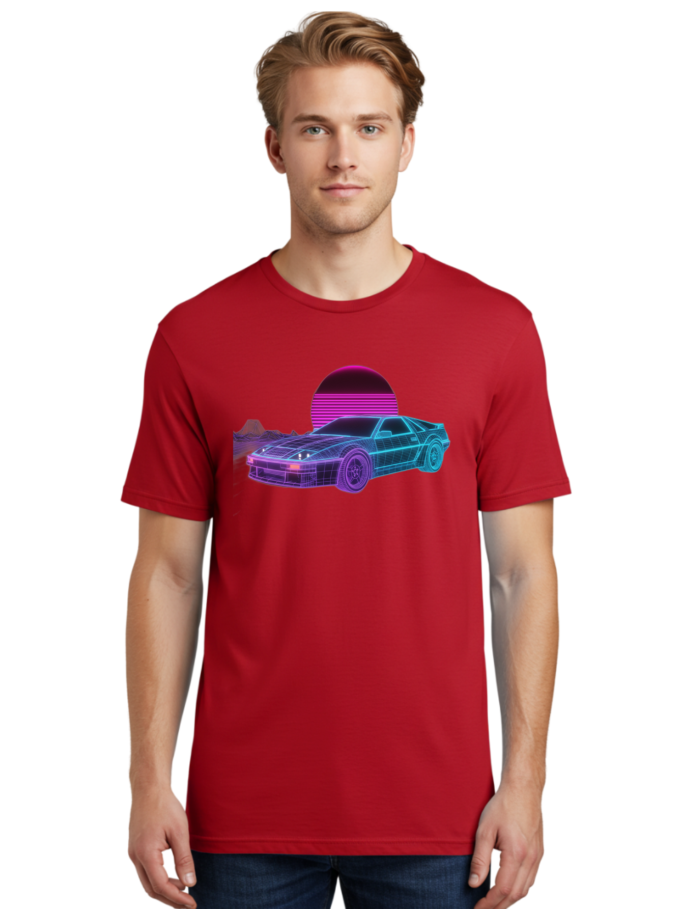 Retro-Sports-Car Men'S Graphic Tee, 100% Cotton, Comfortable Casual Summer Wear, Machine Washable, Retro Futuristic Car, Neon Lights, Synthwave Style, Vaporwave Aesthetic, 80S Sports Car, Datsun 280Z, Grid Pattern, Futuristic Landscape, Bab335