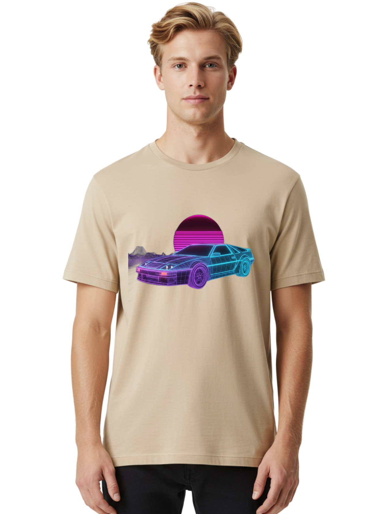 Retro-Sports-Car Men'S Graphic Tee, 100% Cotton, Comfortable Casual Summer Wear, Machine Washable, Retro Futuristic Car, Neon Lights, Synthwave Style, Vaporwave Aesthetic, 80S Sports Car, Datsun 280Z, Grid Pattern, Futuristic Landscape, Bab335