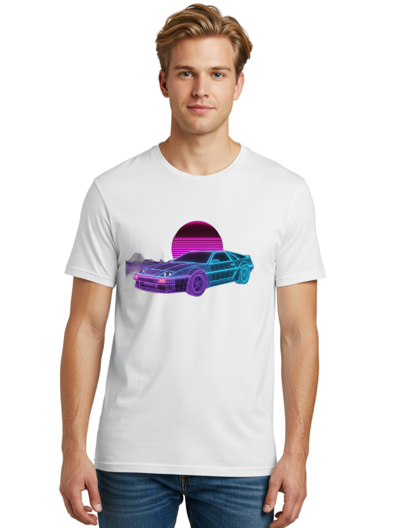 Retro-Sports-Car Men'S Graphic Tee, 100% Cotton, Comfortable Casual Summer Wear, Machine Washable, Retro Futuristic Car, Neon Lights, Synthwave Style, Vaporwave Aesthetic, 80S Sports Car, Datsun 280Z, Grid Pattern, Futuristic Landscape, Bab335