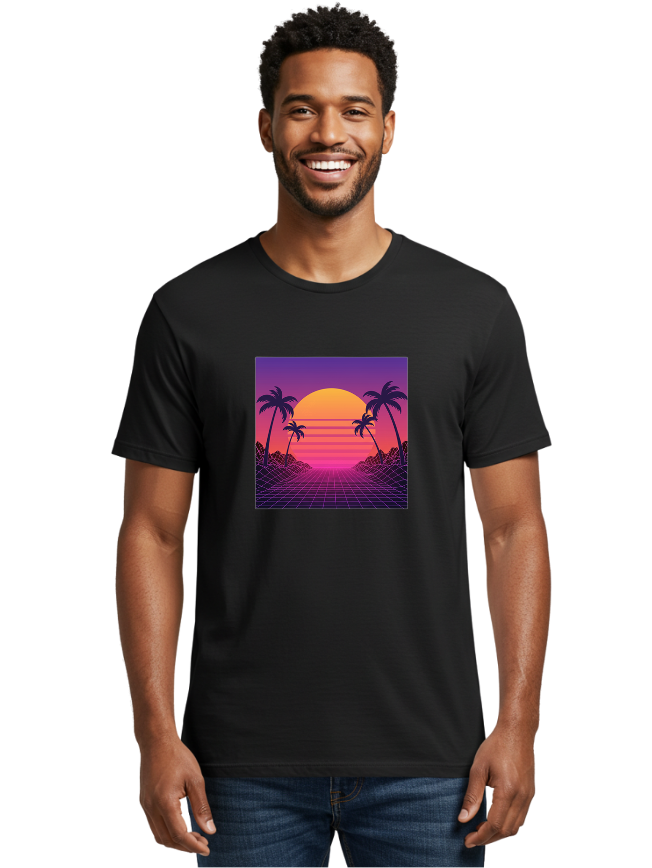 Retro-Sunset Men'S Graphic Tee, 100% Cotton, Comfortable Casual Summer Wear, Machine Washable, Retro Futuristic Landscape, Sunset With Palm Trees, Grid Pattern, Neon Colors, Synthwave Art, 80S Vibe, Futuristic Scenery, Digital Art, Bab336
