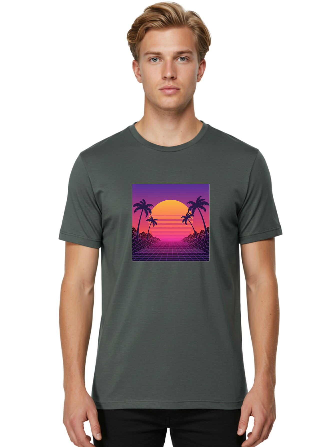 Retro-Sunset Men'S Graphic Tee, 100% Cotton, Comfortable Casual Summer Wear, Machine Washable, Retro Futuristic Landscape, Sunset With Palm Trees, Grid Pattern, Neon Colors, Synthwave Art, 80S Vibe, Futuristic Scenery, Digital Art, Bab336