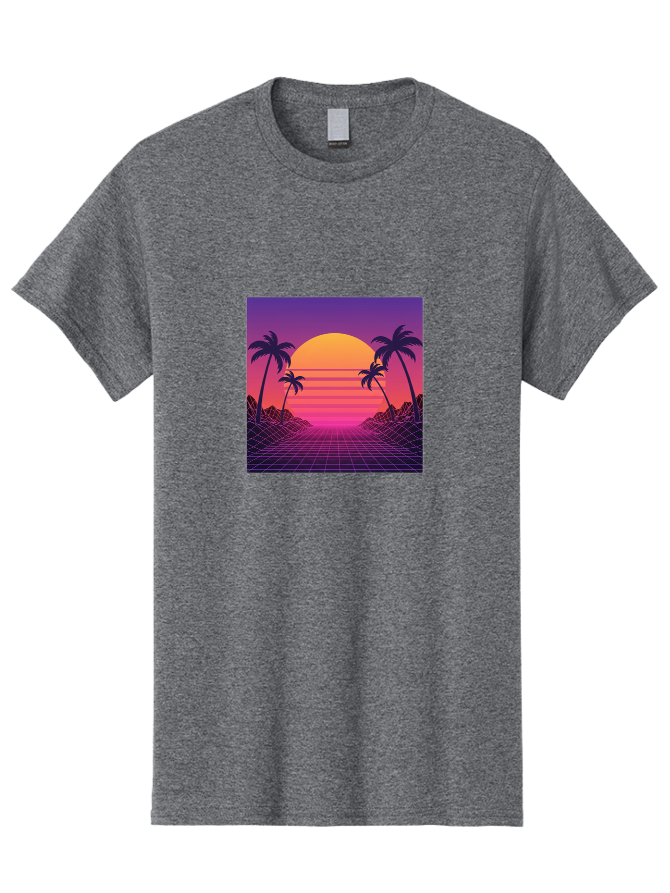Retro-Sunset Men'S Graphic Tee, 100% Cotton, Comfortable Casual Summer Wear, Machine Washable, Retro Futuristic Landscape, Sunset With Palm Trees, Grid Pattern, Neon Colors, Synthwave Art, 80S Vibe, Futuristic Scenery, Digital Art, Bab336