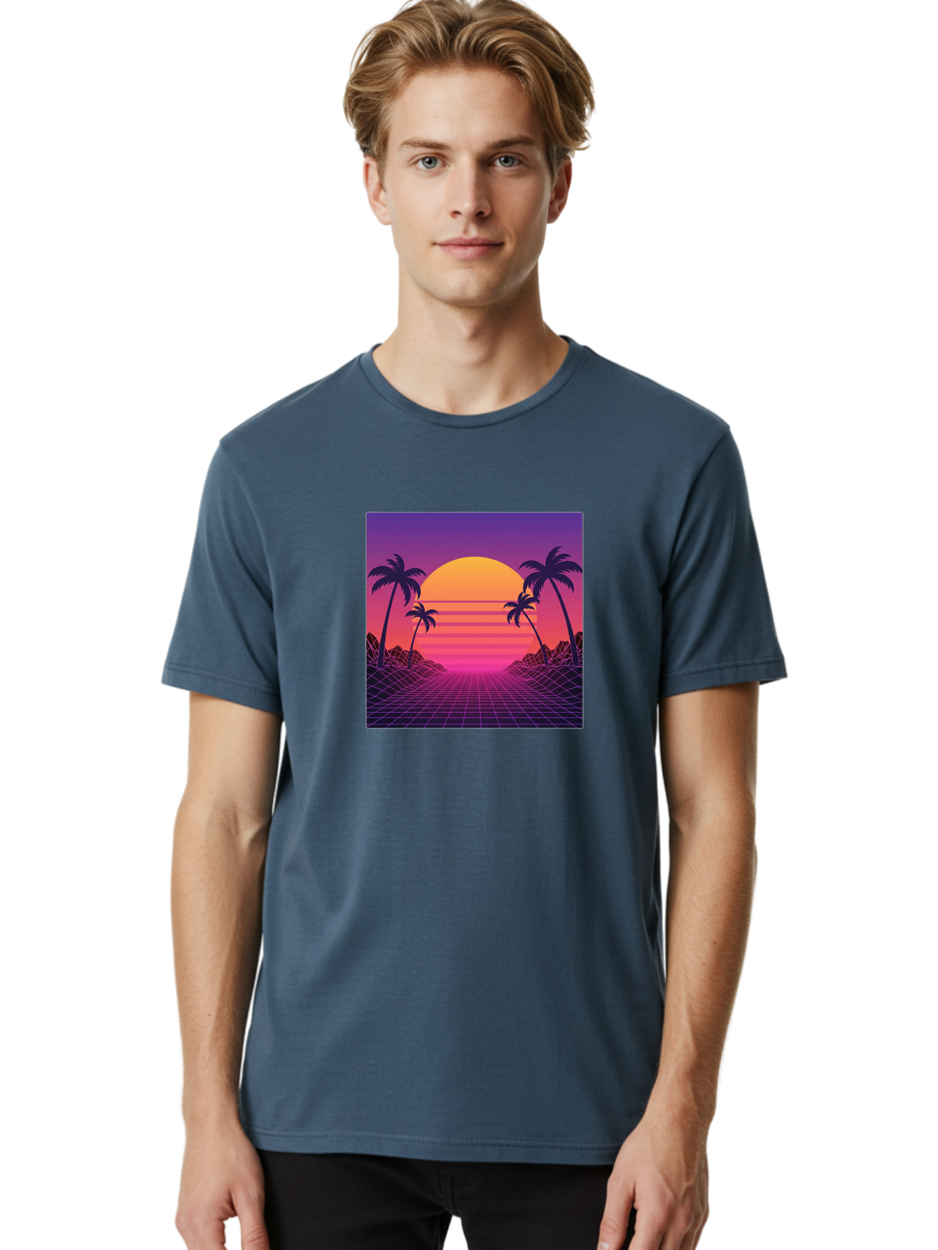Retro-Sunset Men'S Graphic Tee, 100% Cotton, Comfortable Casual Summer Wear, Machine Washable, Retro Futuristic Landscape, Sunset With Palm Trees, Grid Pattern, Neon Colors, Synthwave Art, 80S Vibe, Futuristic Scenery, Digital Art, Bab336