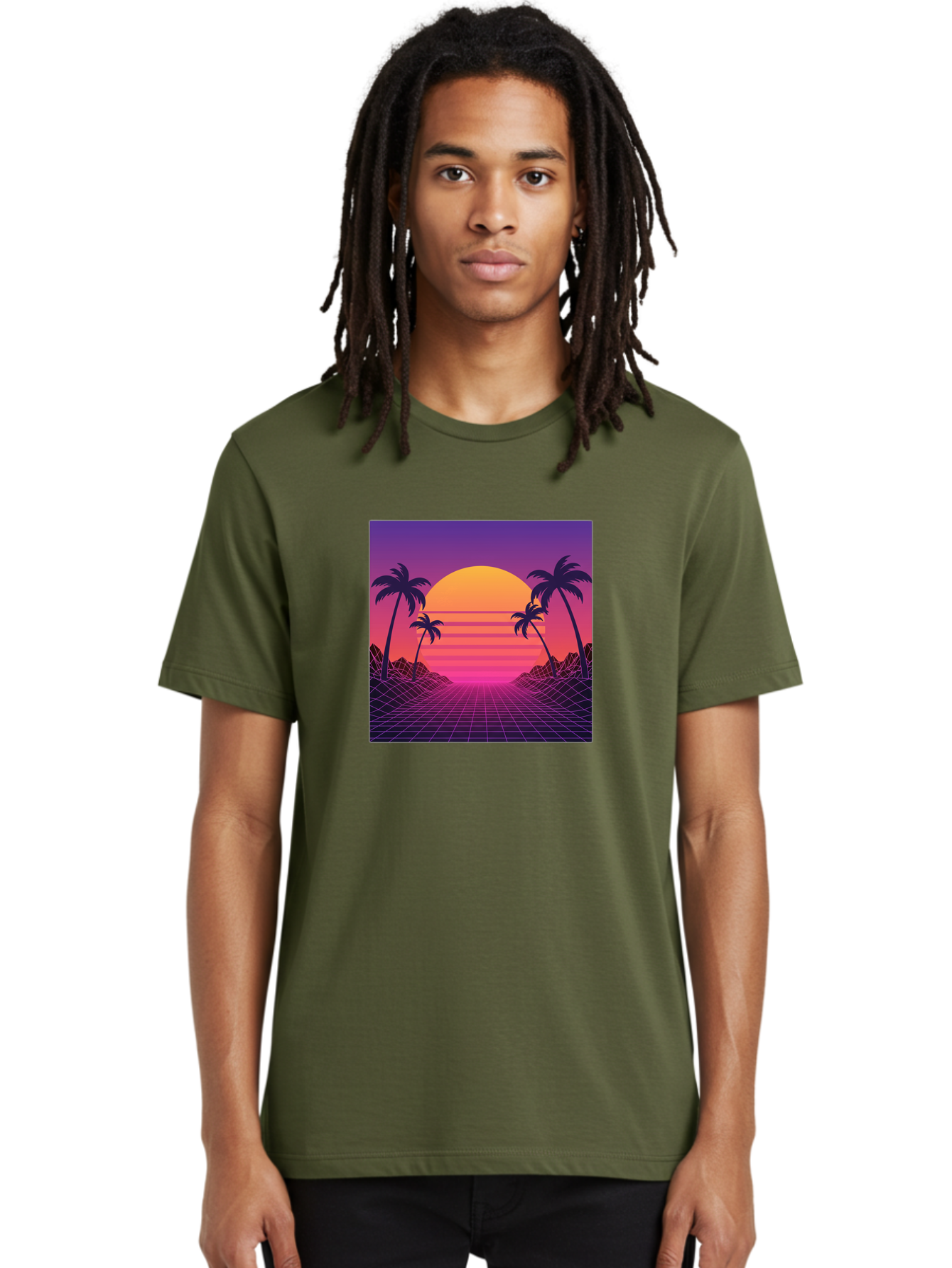 Retro-Sunset Men'S Graphic Tee, 100% Cotton, Comfortable Casual Summer Wear, Machine Washable, Retro Futuristic Landscape, Sunset With Palm Trees, Grid Pattern, Neon Colors, Synthwave Art, 80S Vibe, Futuristic Scenery, Digital Art, Bab336