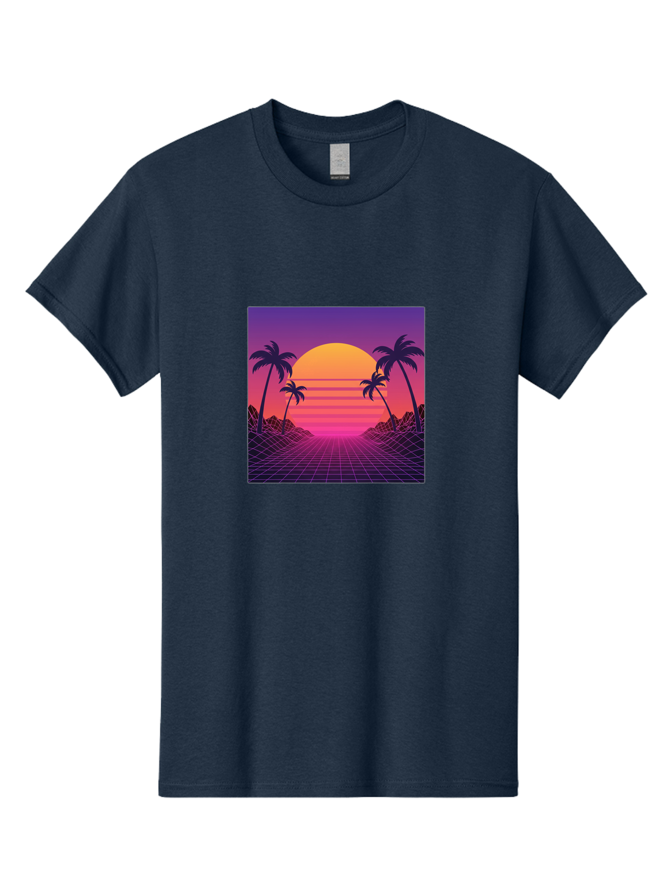 Retro-Sunset Men'S Graphic Tee, 100% Cotton, Comfortable Casual Summer Wear, Machine Washable, Retro Futuristic Landscape, Sunset With Palm Trees, Grid Pattern, Neon Colors, Synthwave Art, 80S Vibe, Futuristic Scenery, Digital Art, Bab336