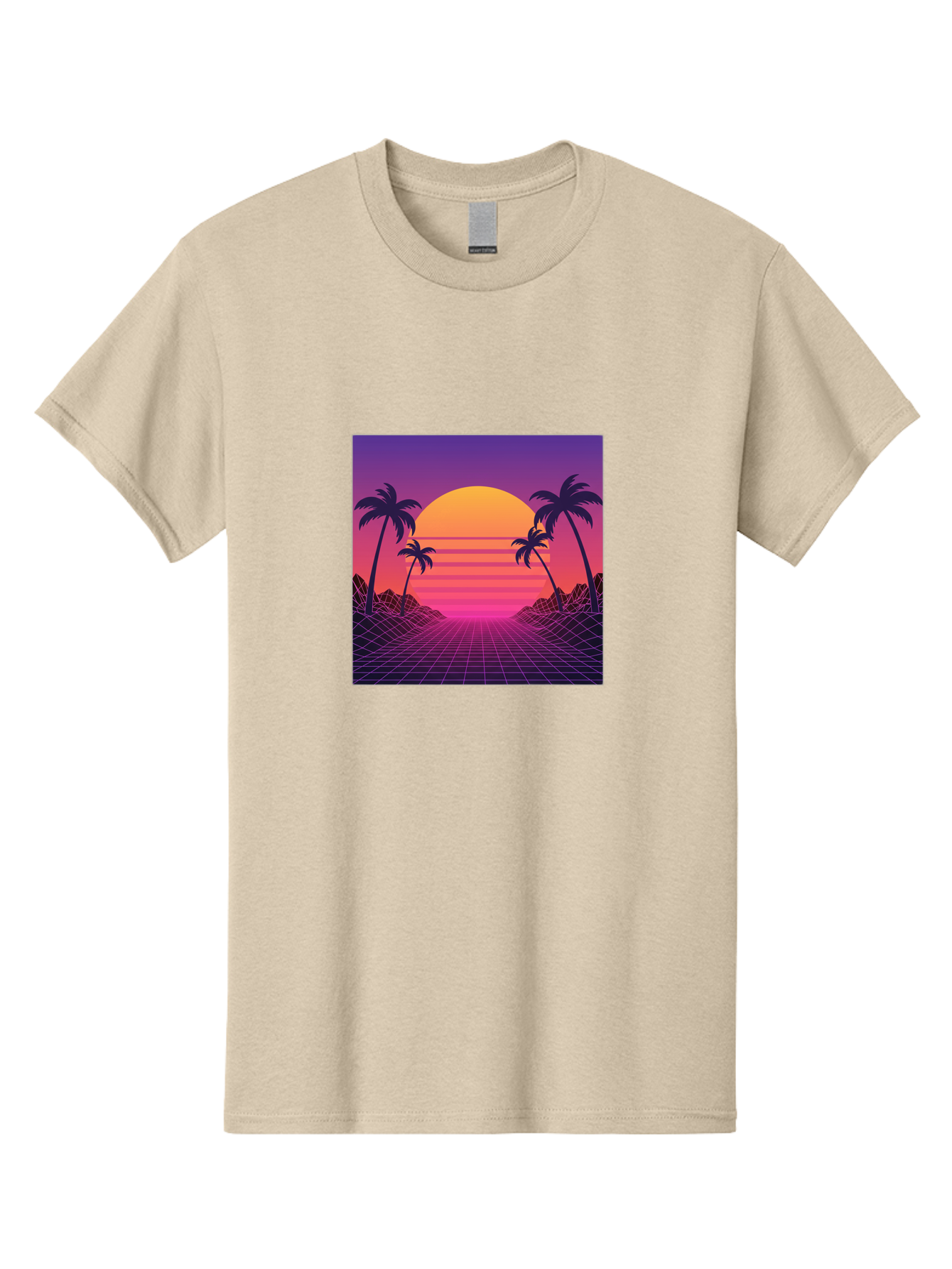 Retro-Sunset Men'S Graphic Tee, 100% Cotton, Comfortable Casual Summer Wear, Machine Washable, Retro Futuristic Landscape, Sunset With Palm Trees, Grid Pattern, Neon Colors, Synthwave Art, 80S Vibe, Futuristic Scenery, Digital Art, Bab336