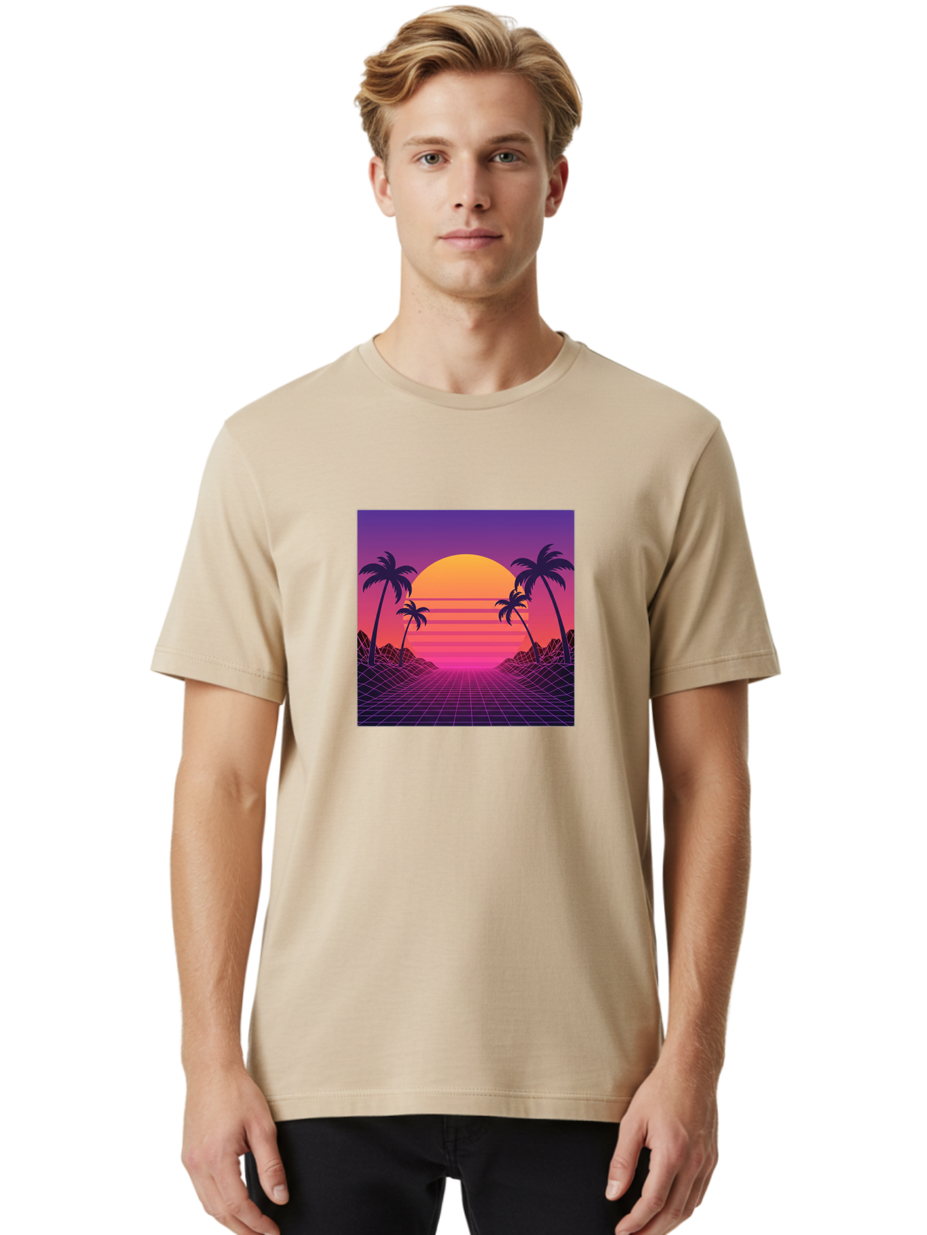 Retro-Sunset Men'S Graphic Tee, 100% Cotton, Comfortable Casual Summer Wear, Machine Washable, Retro Futuristic Landscape, Sunset With Palm Trees, Grid Pattern, Neon Colors, Synthwave Art, 80S Vibe, Futuristic Scenery, Digital Art, Bab336