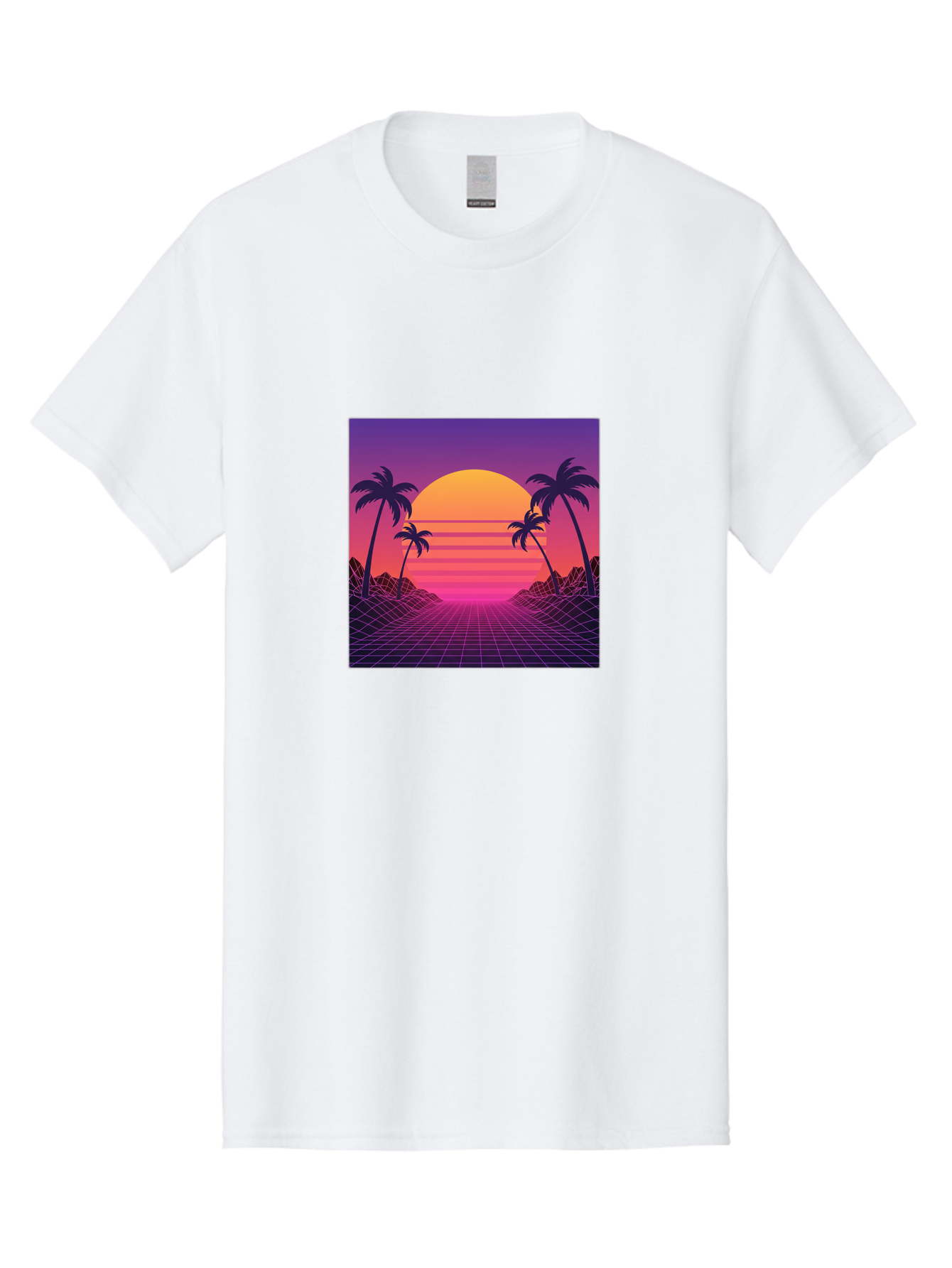 Retro-Sunset Men'S Graphic Tee, 100% Cotton, Comfortable Casual Summer Wear, Machine Washable, Retro Futuristic Landscape, Sunset With Palm Trees, Grid Pattern, Neon Colors, Synthwave Art, 80S Vibe, Futuristic Scenery, Digital Art, Bab336