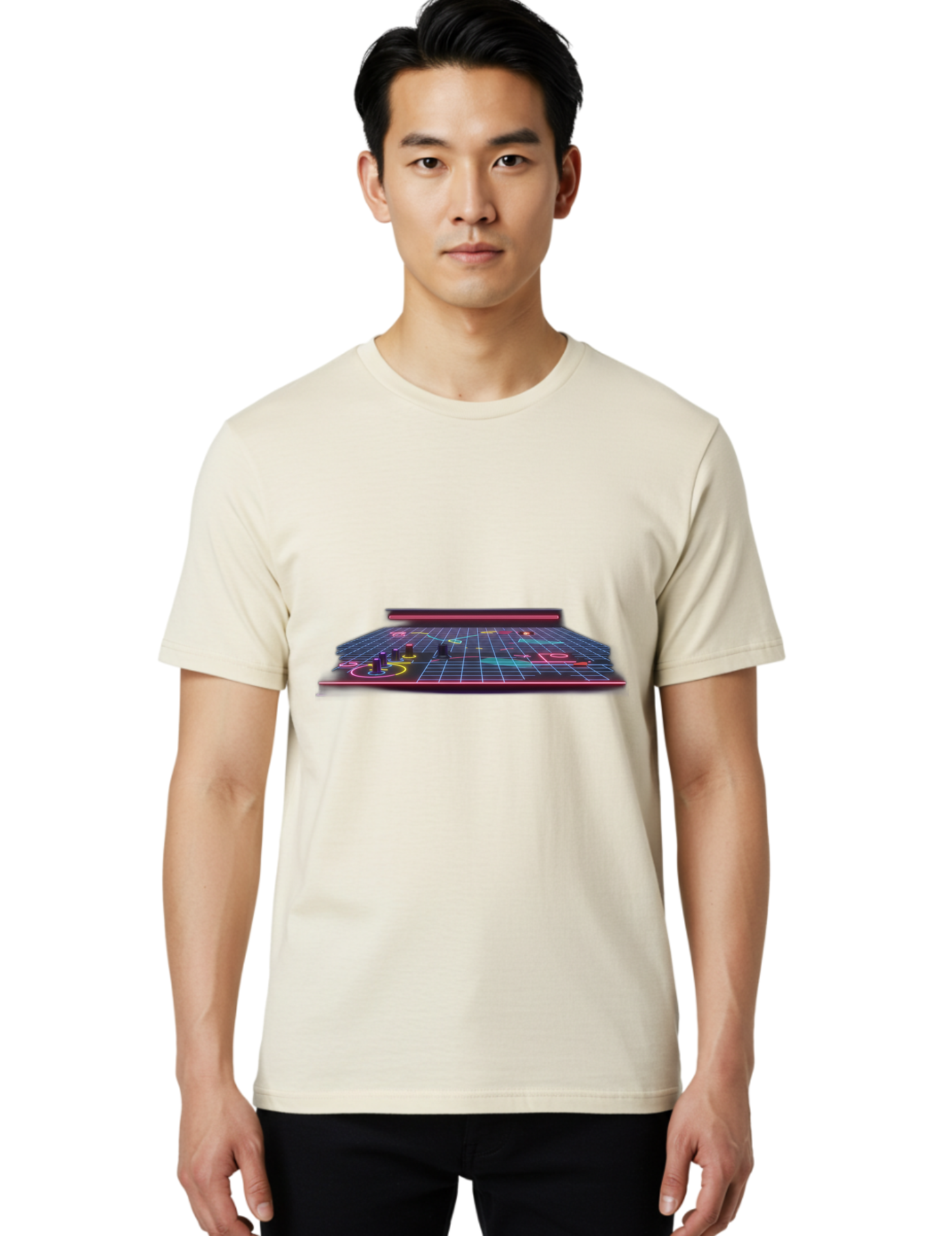 Retro-Synth-Stage Men'S Graphic Tee, 100% Cotton, Comfortable Casual Summer Wear, Machine Washable, Futuristic Stage, Synthwave Aesthetic, Neon Lights, Grid Pattern, Retro Futuristic Design, 80S Vibe, Gaming Stage, Concert Platform, Bab337
