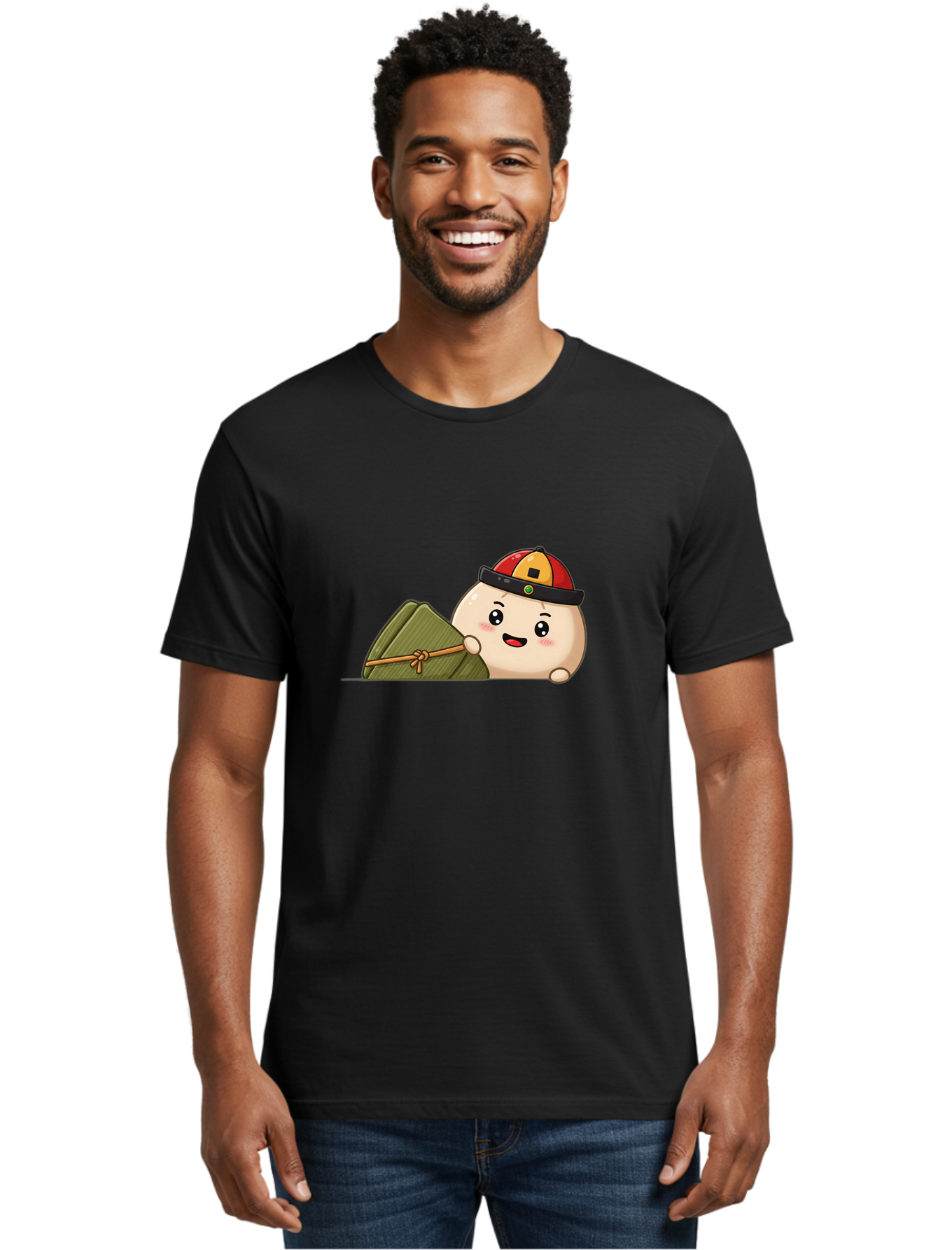 Rice-Dumpling Men'S Graphic Tee, 100% Cotton, Comfortable Casual Summer Wear, Machine Washable, Cartoon Dumpling Character, Red And Yellow Cap, Zongzi, Traditional Chinese Food, Dragon Boat Festival, Cute, Adorable, Kawaii, Character Design, Bab339